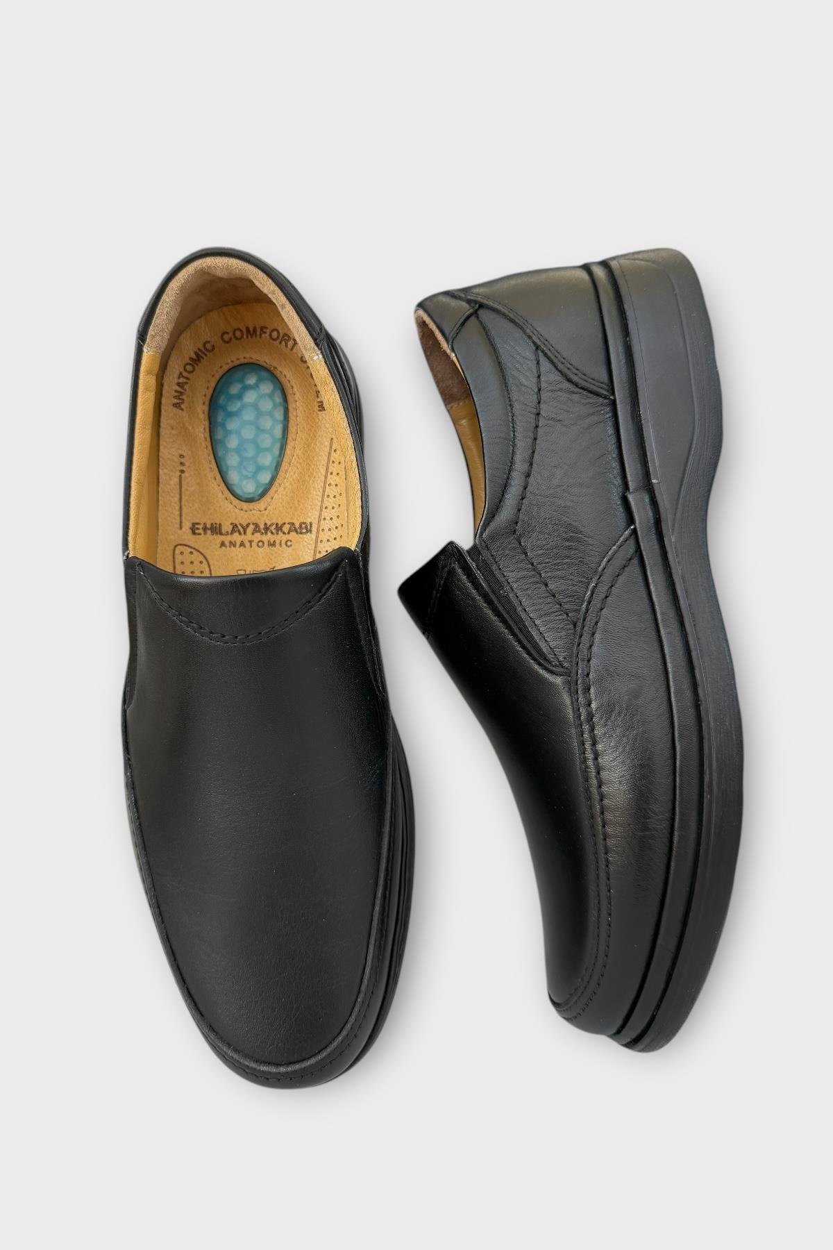 Erkek Bağcıksız Topuk Destekli Konfor Ortopedik Hakiki Deri Ayakkabı SİYAH - Görsel 7