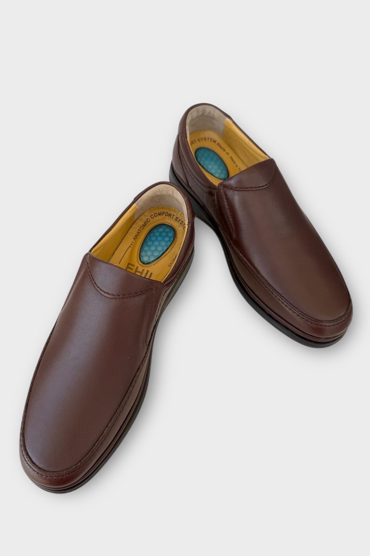 Erkek Bağcıksız Topuk Destekli Konfor Ortopedik Hakiki Deri Ayakkabı KAHVERENGİ - Görsel 4