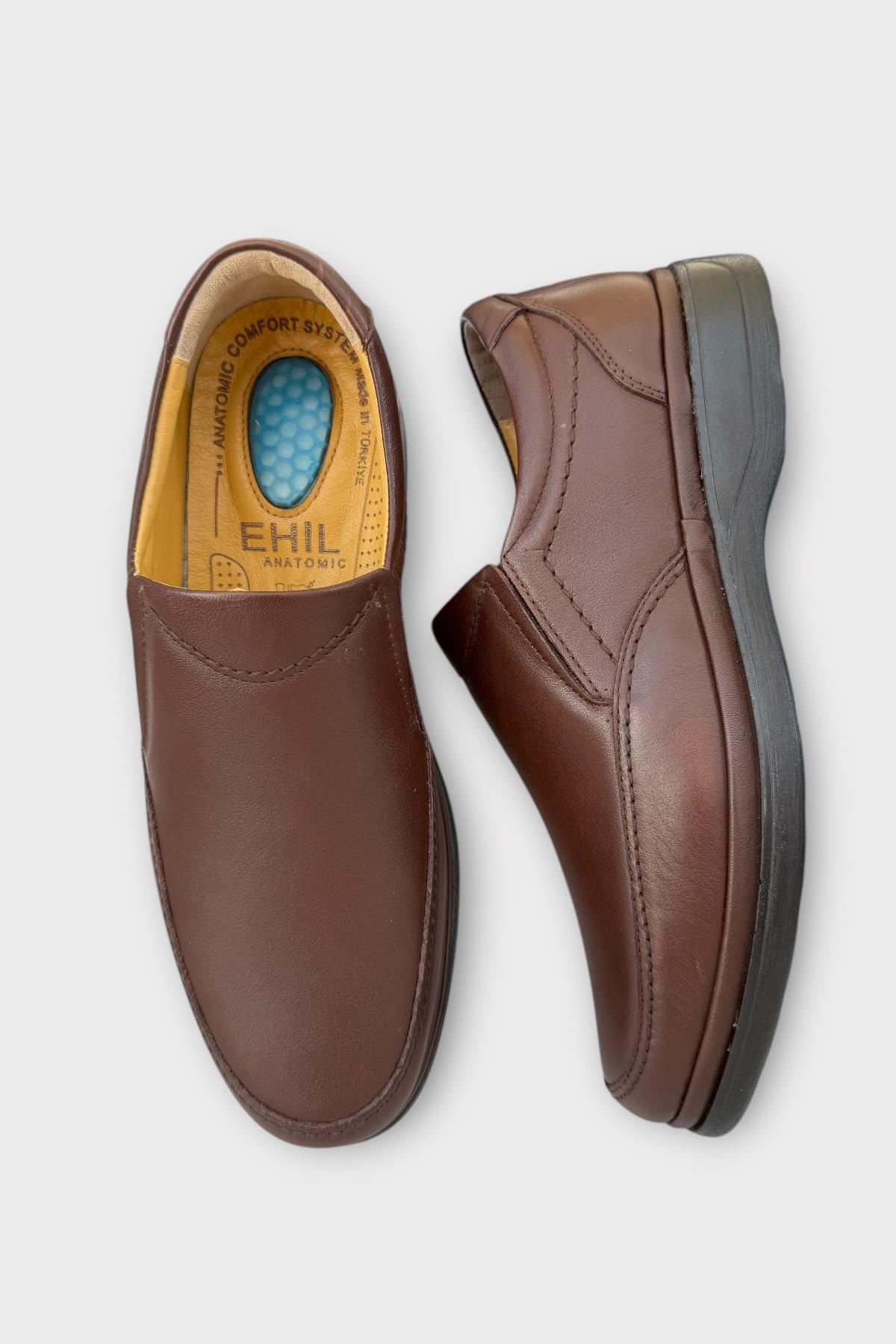Erkek Bağcıksız Topuk Destekli Konfor Ortopedik Hakiki Deri Ayakkabı KAHVERENGİ - Görsel 7