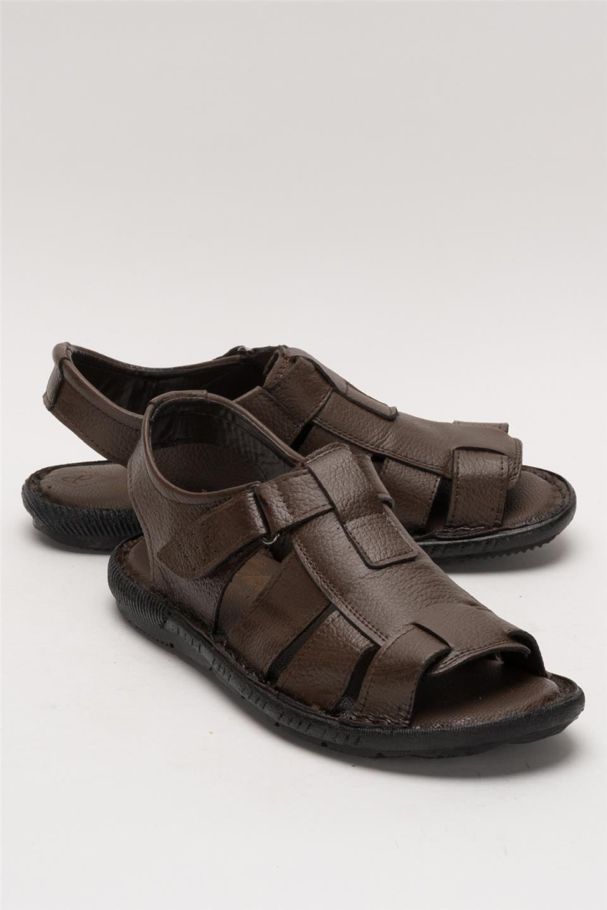 Erkek Hakiki Deri Cırtlı Sandalet KAHVERENGİ - SİYAH - Görsel 3