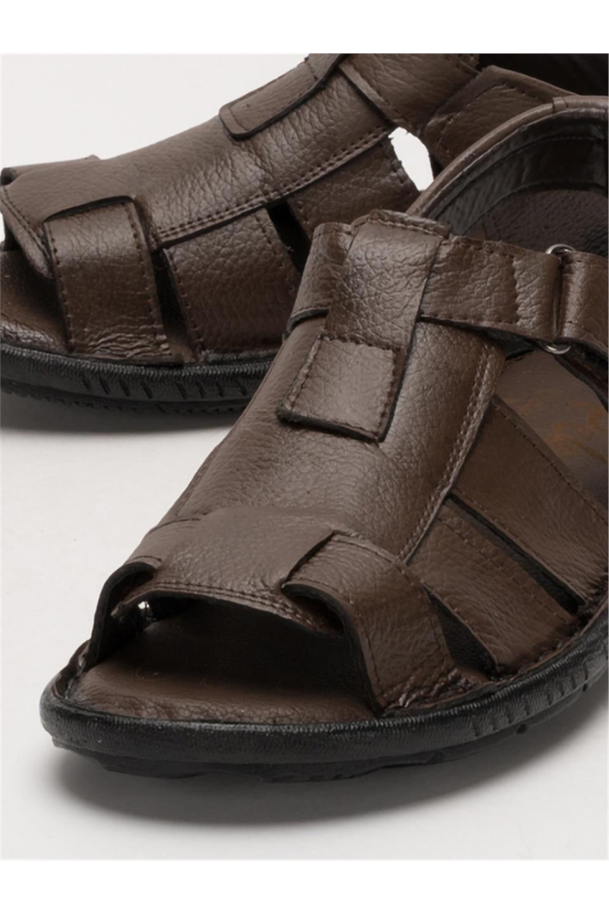 Erkek Hakiki Deri Cırtlı Sandalet KAHVERENGİ - SİYAH - Görsel 6