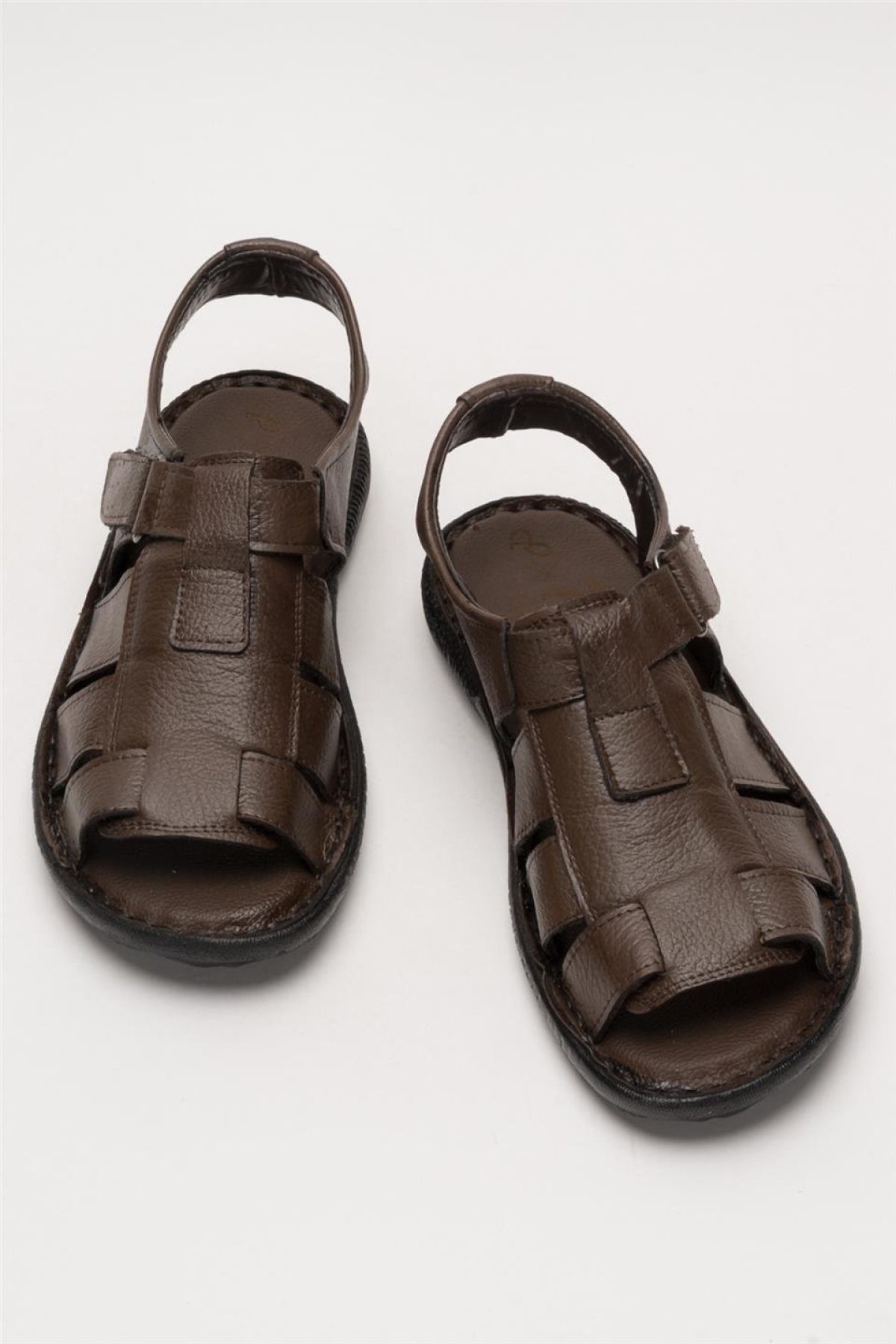 Erkek Hakiki Deri Cırtlı Sandalet KAHVERENGİ - SİYAH - Görsel 7