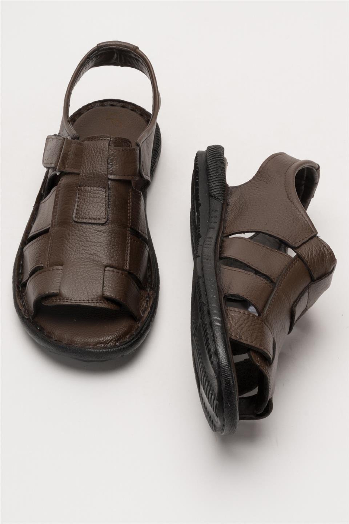Erkek Hakiki Deri Cırtlı Sandalet KAHVERENGİ - SİYAH - Görsel 8