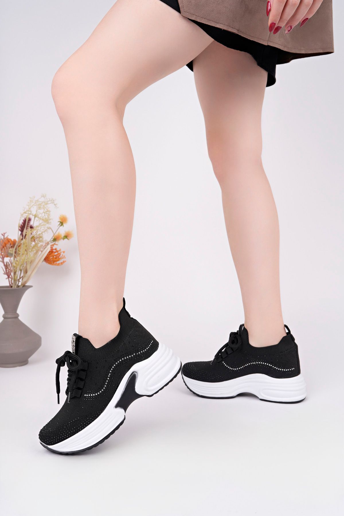 5001 GİZLİ TOPUKLU TAŞLI RAHAT YÜKSEK TABAN TRİKO SNEAKER AYAKKABI - Görsel 2