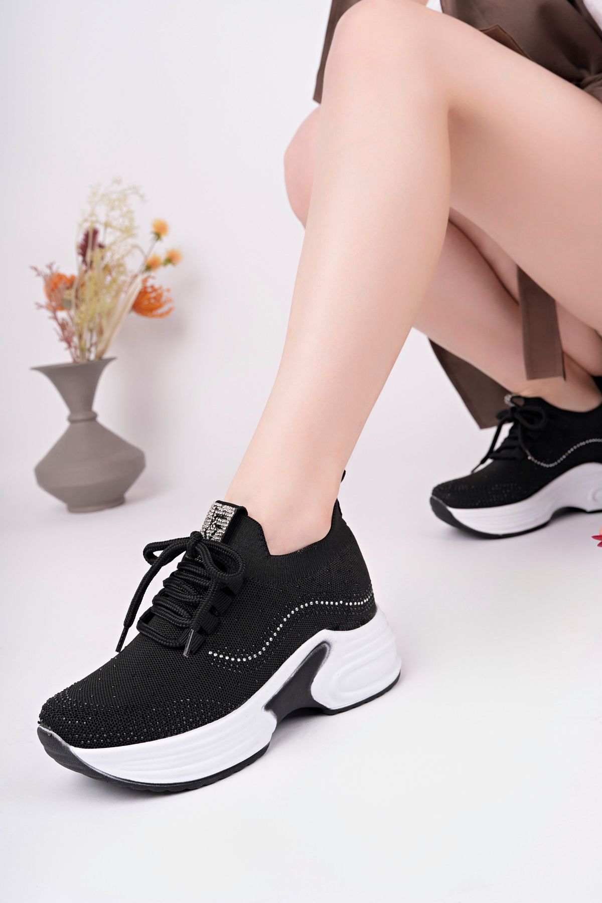 5001 GİZLİ TOPUKLU TAŞLI RAHAT YÜKSEK TABAN TRİKO SNEAKER AYAKKABI - Görsel 7