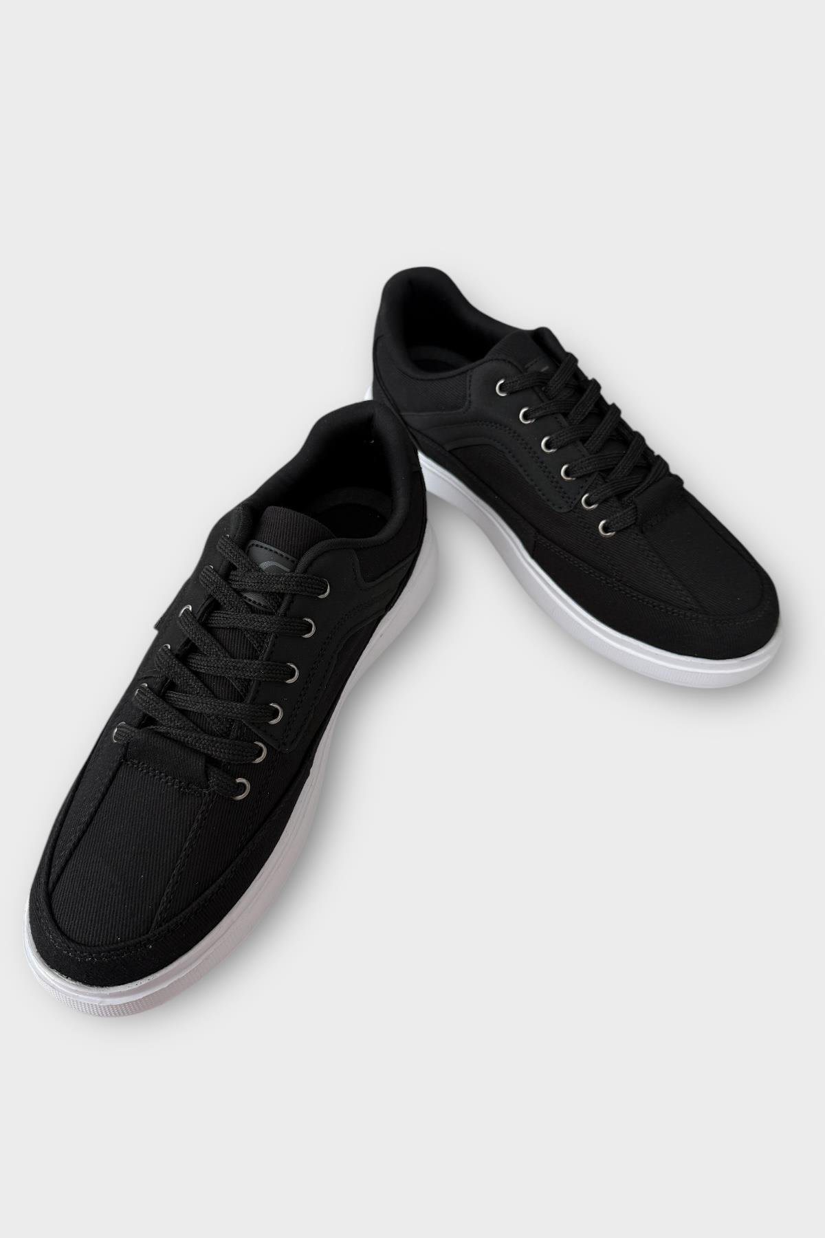 Erkek Keten Gabardin Kumaş Günlük Sneaker Ayakkabı SİYAH - BEYAZ - Görsel 4