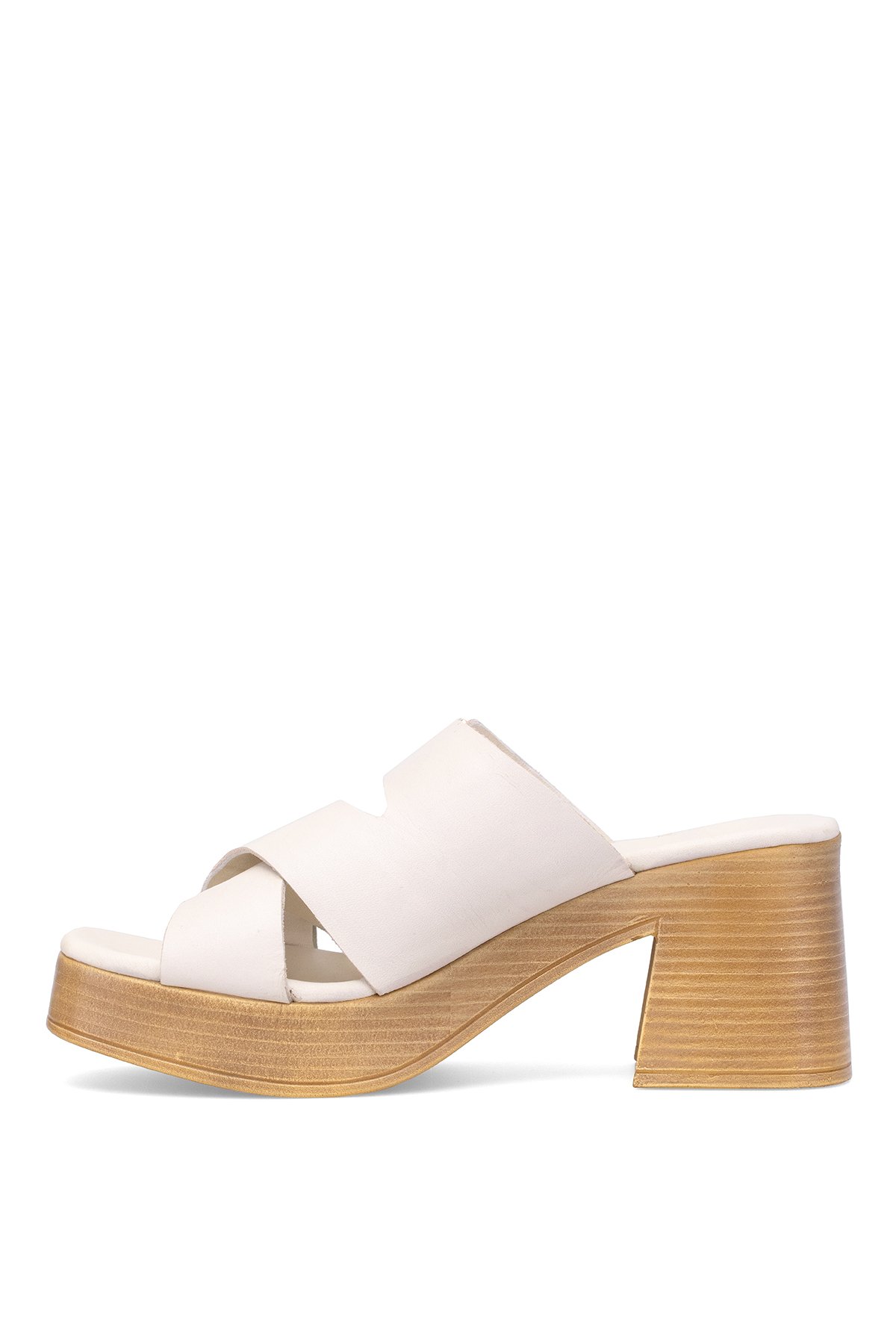 D25YT-1200 Kadın Hakiki Deri Topuklu Terlik Kemik - Görsel 4