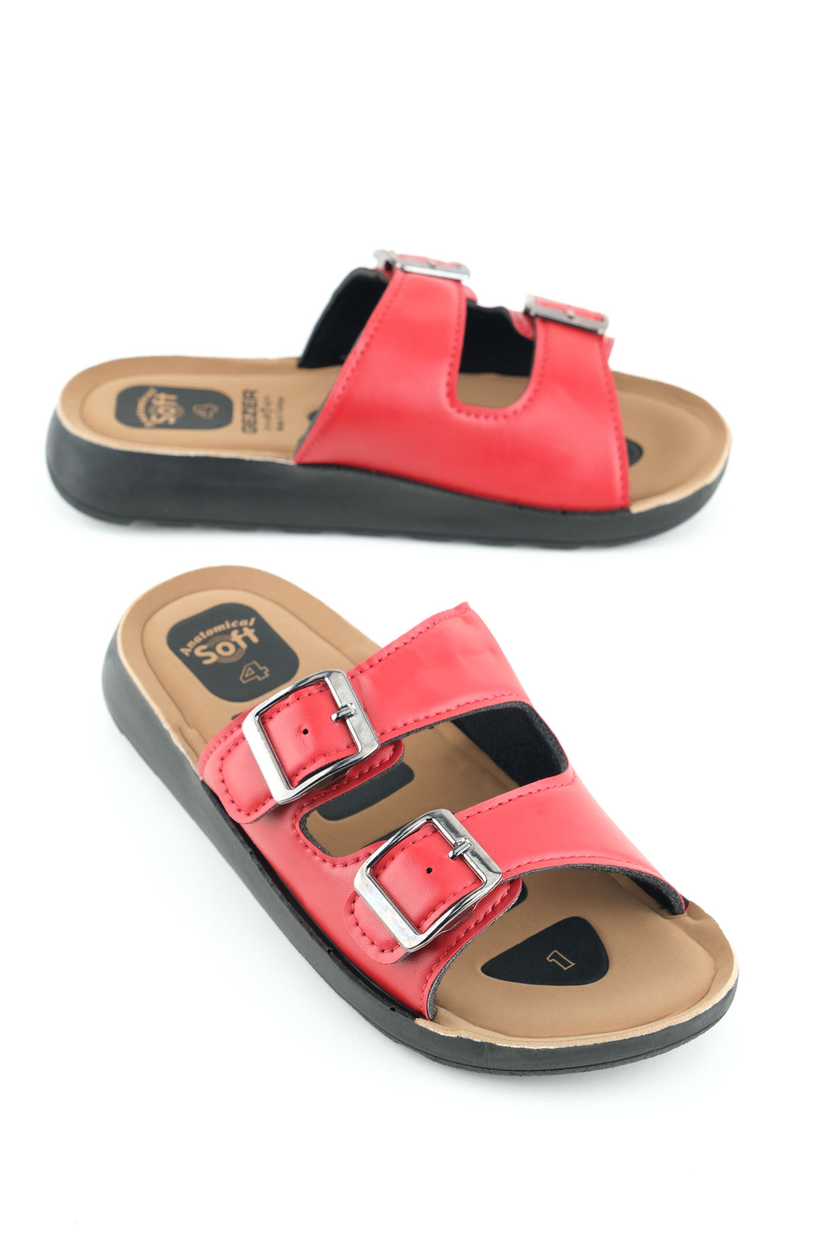 Kadın Yazlık PU Alt Taban Suni Deri İki Toka Ayarlanabilir İç Taban Anatomical Dört Nokta Yastıklı Rahat Günlük Terlik - Görsel 2