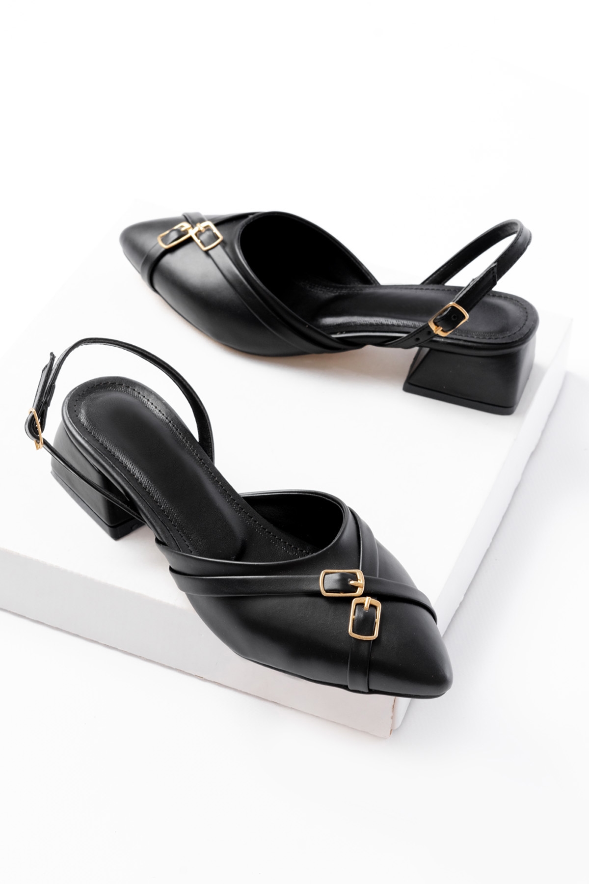 Gabriel Siyah Çapraz Tokalı (4 cm Topuklu) Sivri Burun Babet Ayakkabı - Görsel 4