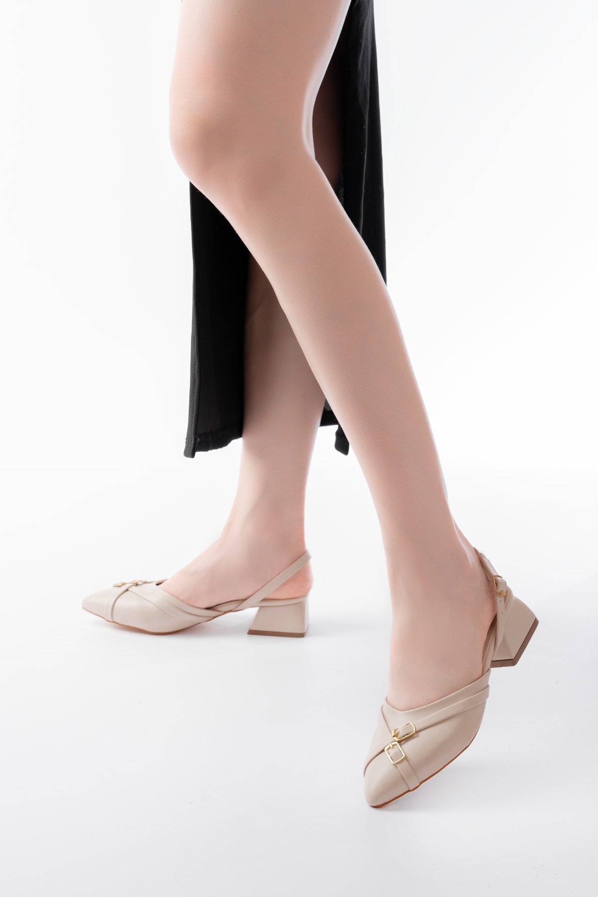 Gabriel Bej Çapraz Tokalı (4 cm Topuklu) Sivri Burun Babet Ayakkabı - Görsel 2