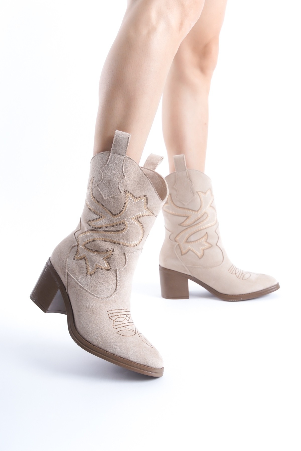 Bazal Ten Süet Kovboy Bot Topuklu Rahat Nakışlı Western Bot - Görsel 2