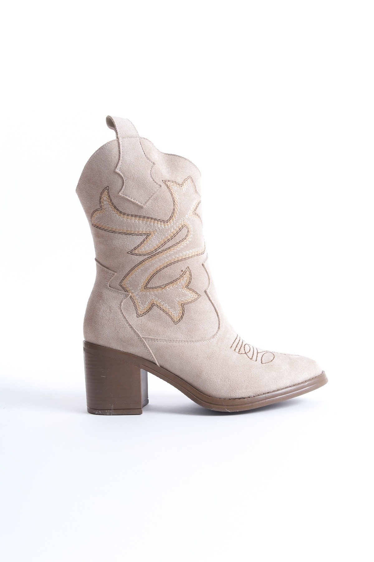 Bazal Ten Süet Kovboy Bot Topuklu Rahat Nakışlı Western Bot - Görsel 5