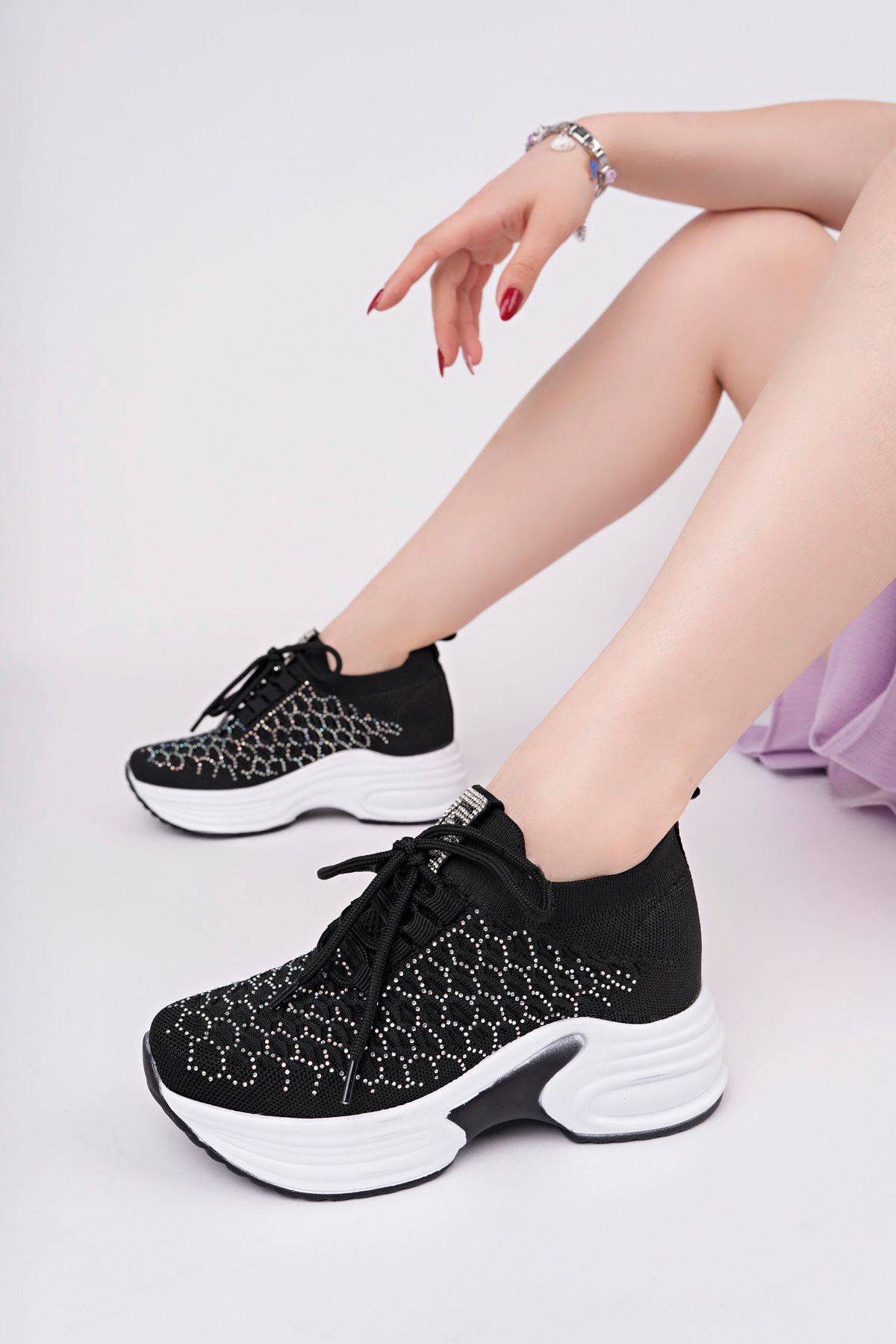 5007 GİZLİ TOPUK TAŞLI YÜKSEK TABAN TRİKO SNEAKER AYAKKABI - Görsel 2