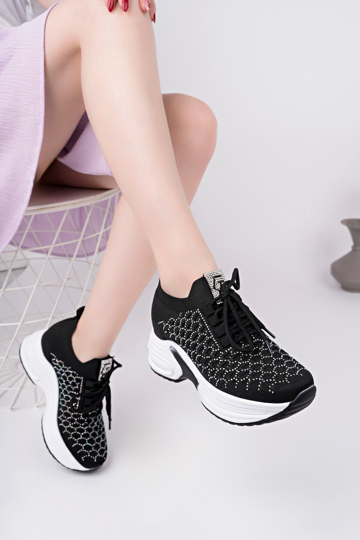 5007 GİZLİ TOPUK TAŞLI YÜKSEK TABAN TRİKO SNEAKER AYAKKABI - Görsel 3
