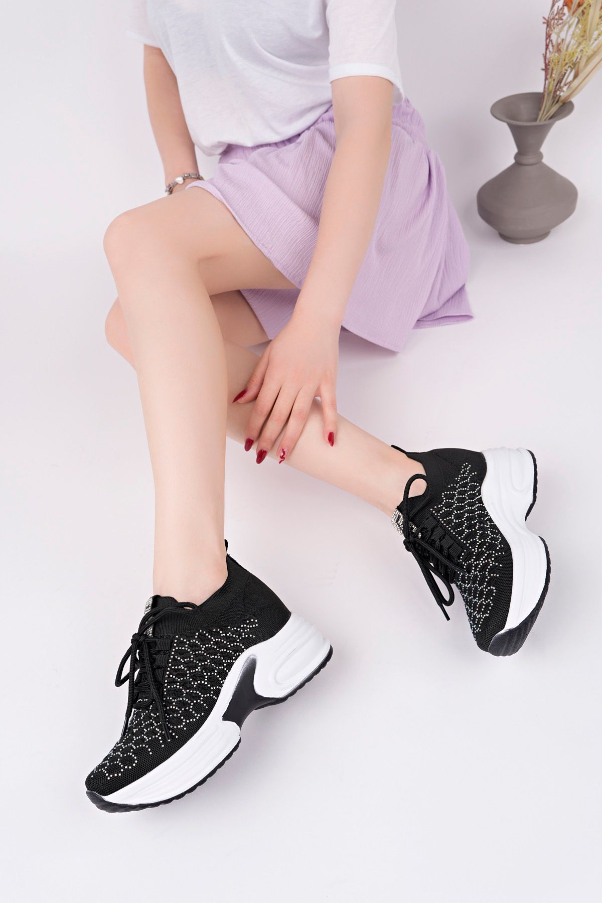 5007 GİZLİ TOPUK TAŞLI YÜKSEK TABAN TRİKO SNEAKER AYAKKABI - Görsel 7