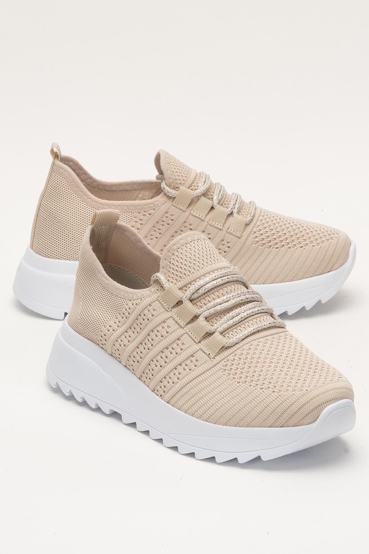 Kadın Ortopedik Taban Triko Günlük Spor Ayakkabı BEJ - Görsel 3
