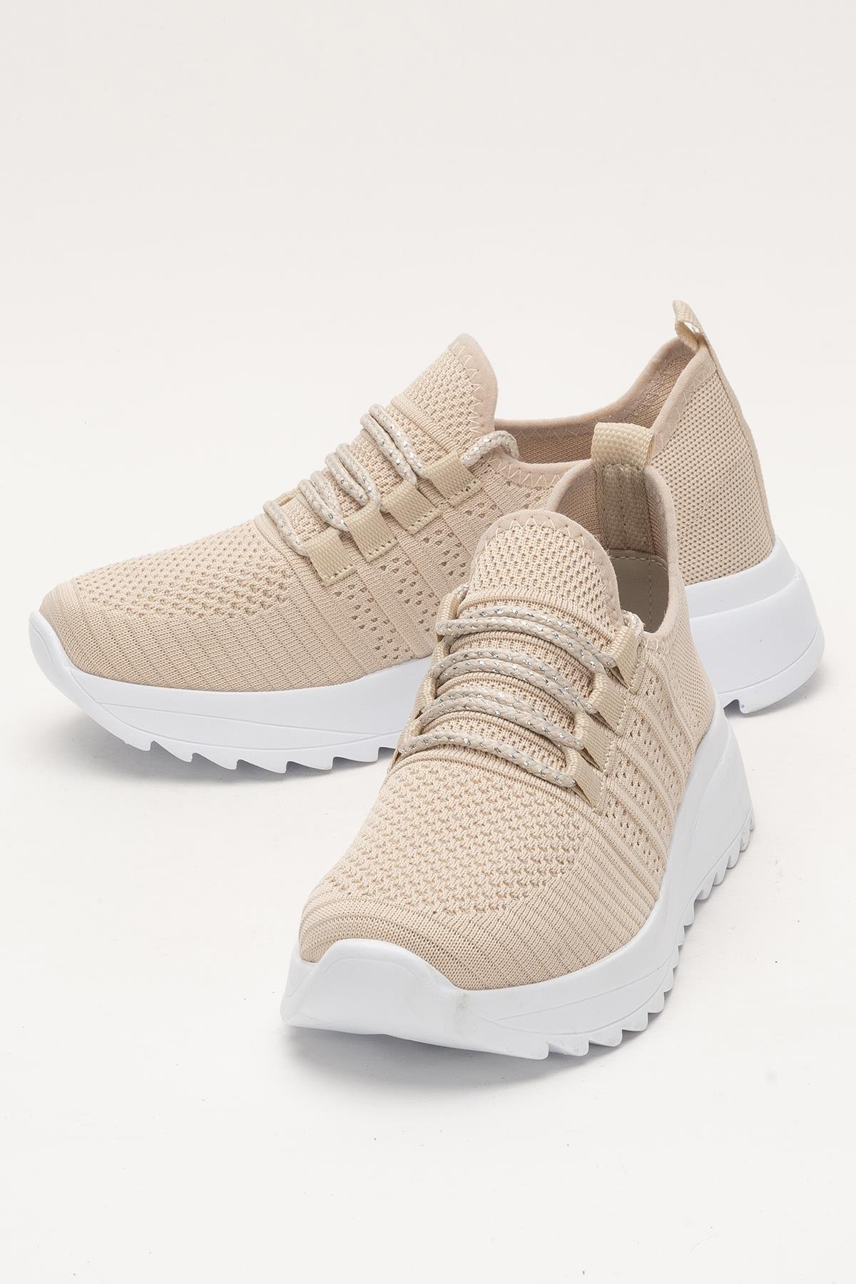 Kadın Ortopedik Taban Triko Günlük Spor Ayakkabı BEJ - Görsel 6
