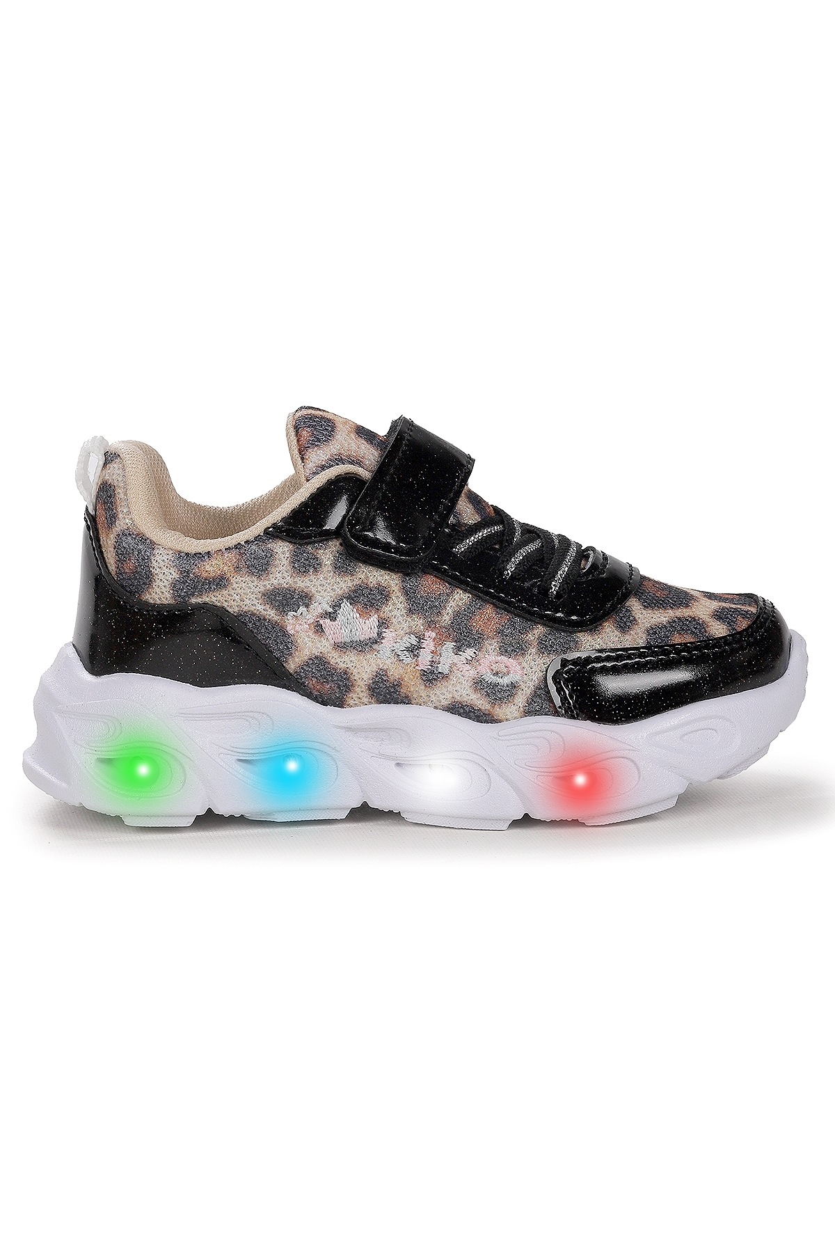 Teno Leopar Desenli Cırtlı Işıklı Kız Bebek Spor Ayakkabı Siyah - Görsel 2
