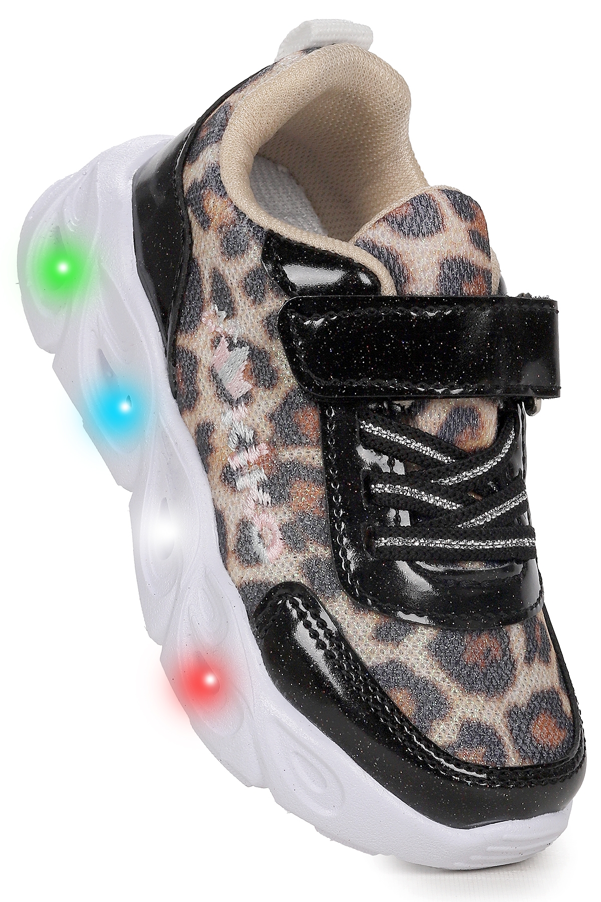 Teno Leopar Desenli Cırtlı Işıklı Kız Bebek Spor Ayakkabı Siyah - Görsel 4