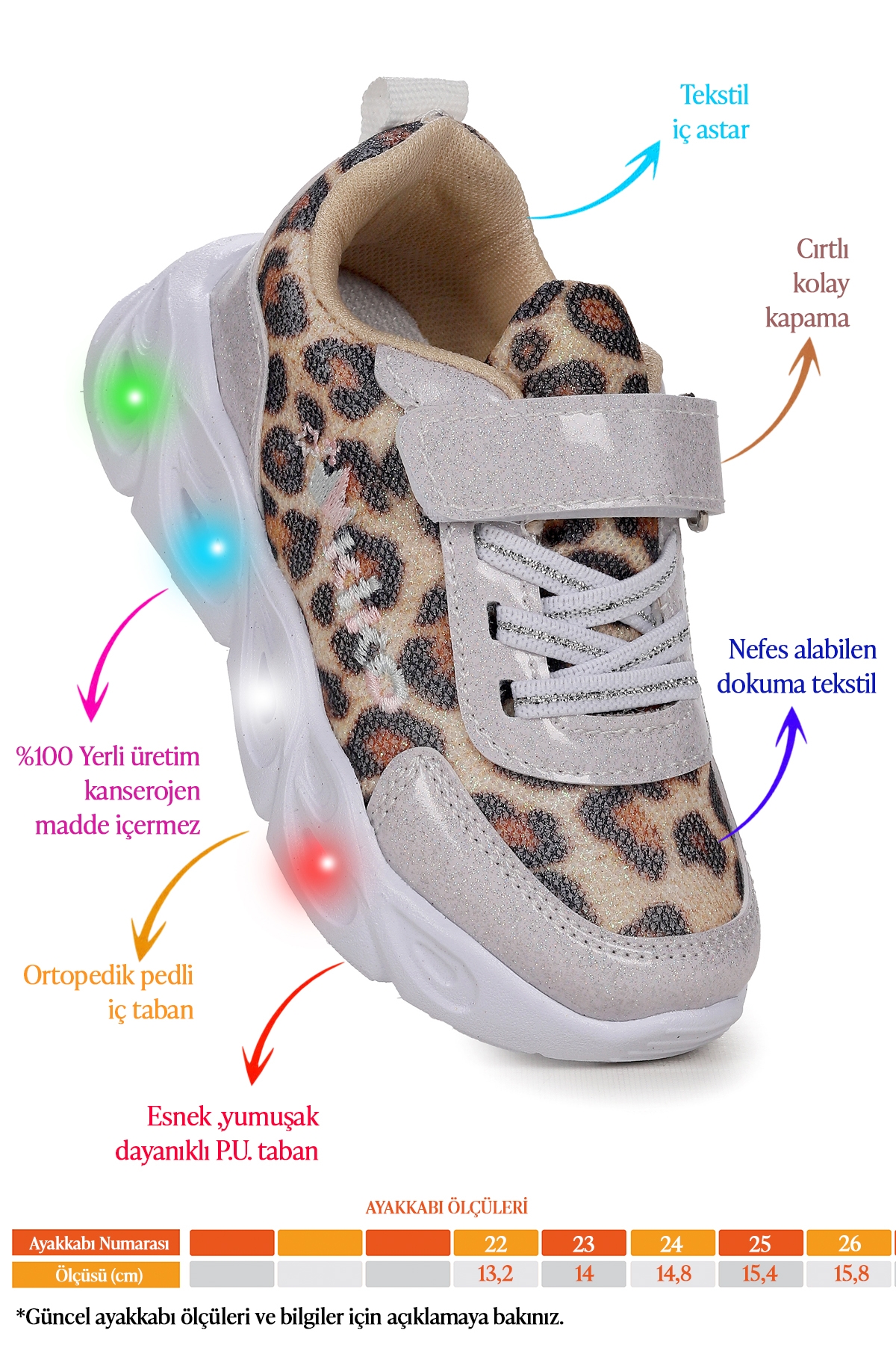 Teno Leopar Desenli Cırtlı Işıklı Kız Bebek Spor Ayakkabı Beyaz - Görsel 3