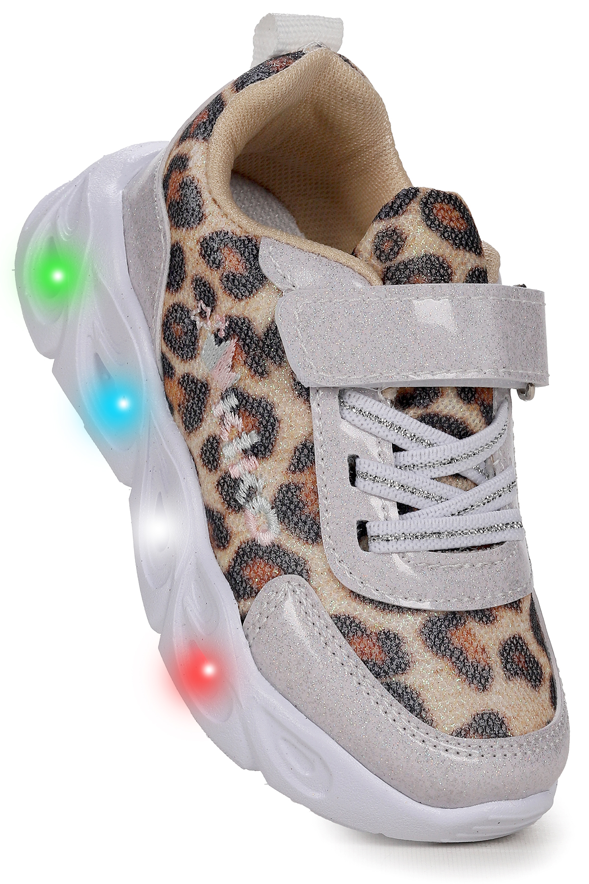 Teno Leopar Desenli Cırtlı Işıklı Kız Bebek Spor Ayakkabı Beyaz - Görsel 4