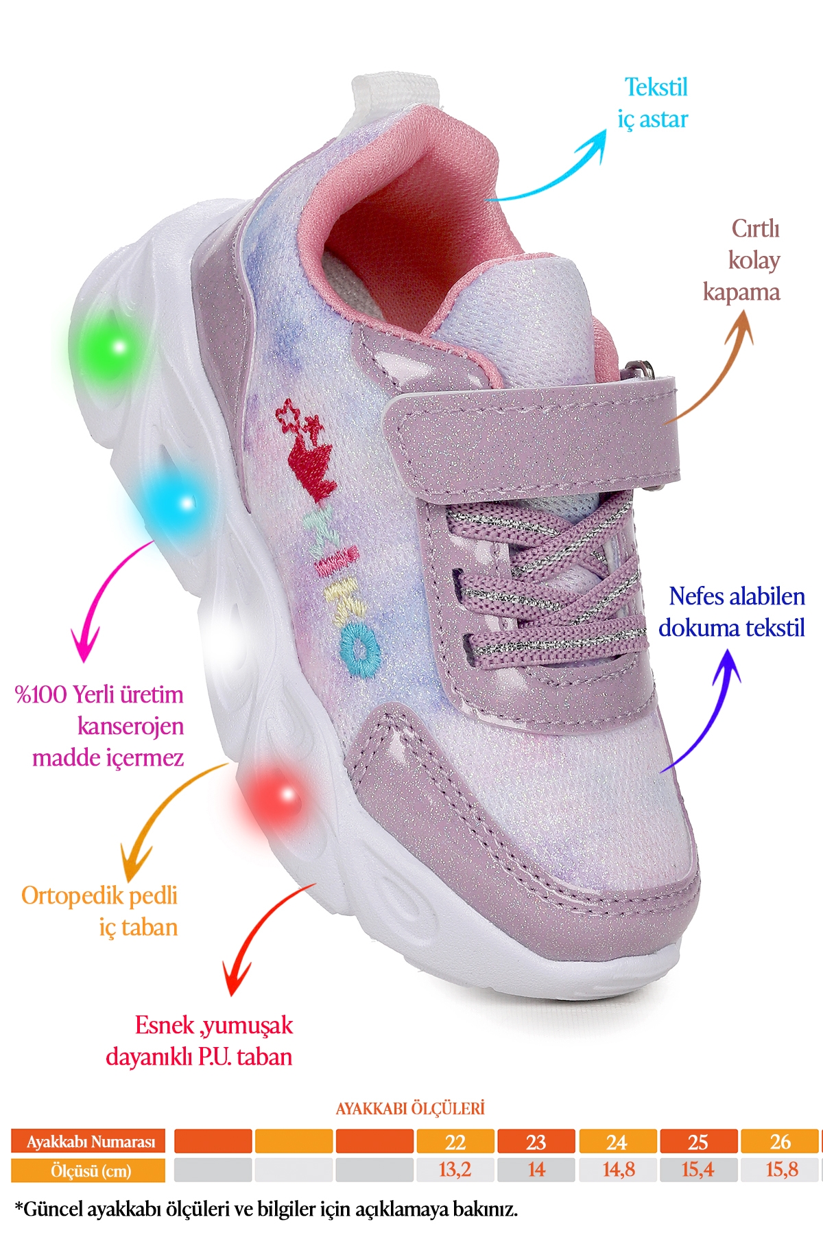 Teno Cırtlı Işıklı Kız Bebek Spor Ayakkabı Lila - Görsel 3
