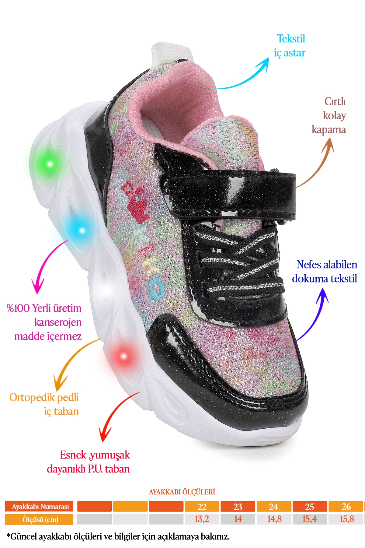 Teno Cırtlı Işıklı Kız Bebek Spor Ayakkabı Siyah - Görsel 3