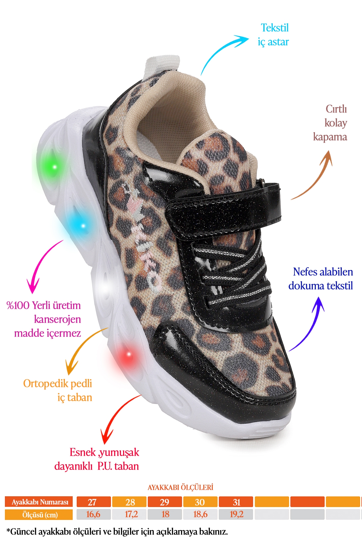 Teno Leopar Desenli Cırtlı Işıklı Kız Çocuk Spor Ayakkabı Siyah - Görsel 3