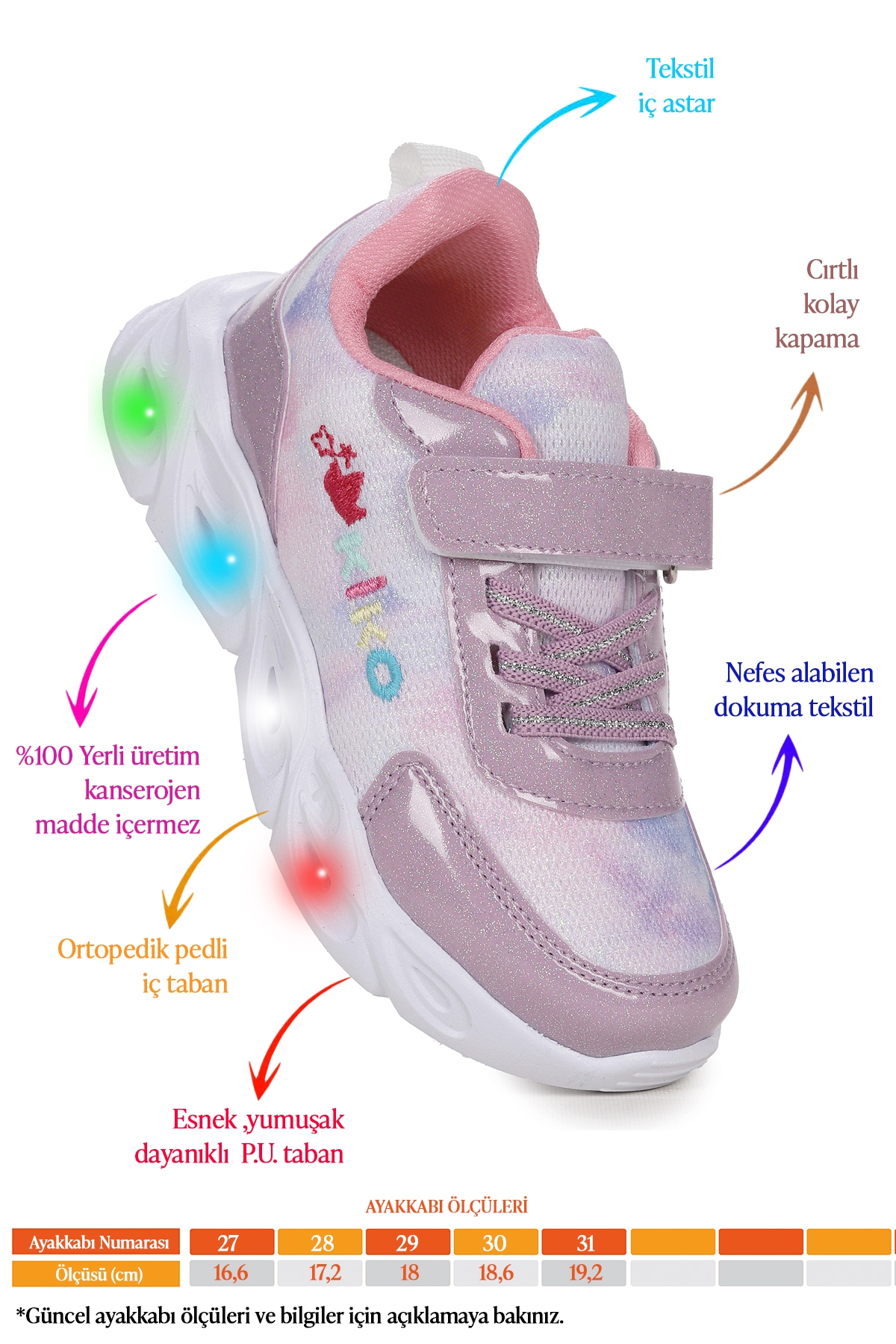 Teno Cırtlı Işıklı Kız Çocuk Spor Ayakkabı Lila - Görsel 3