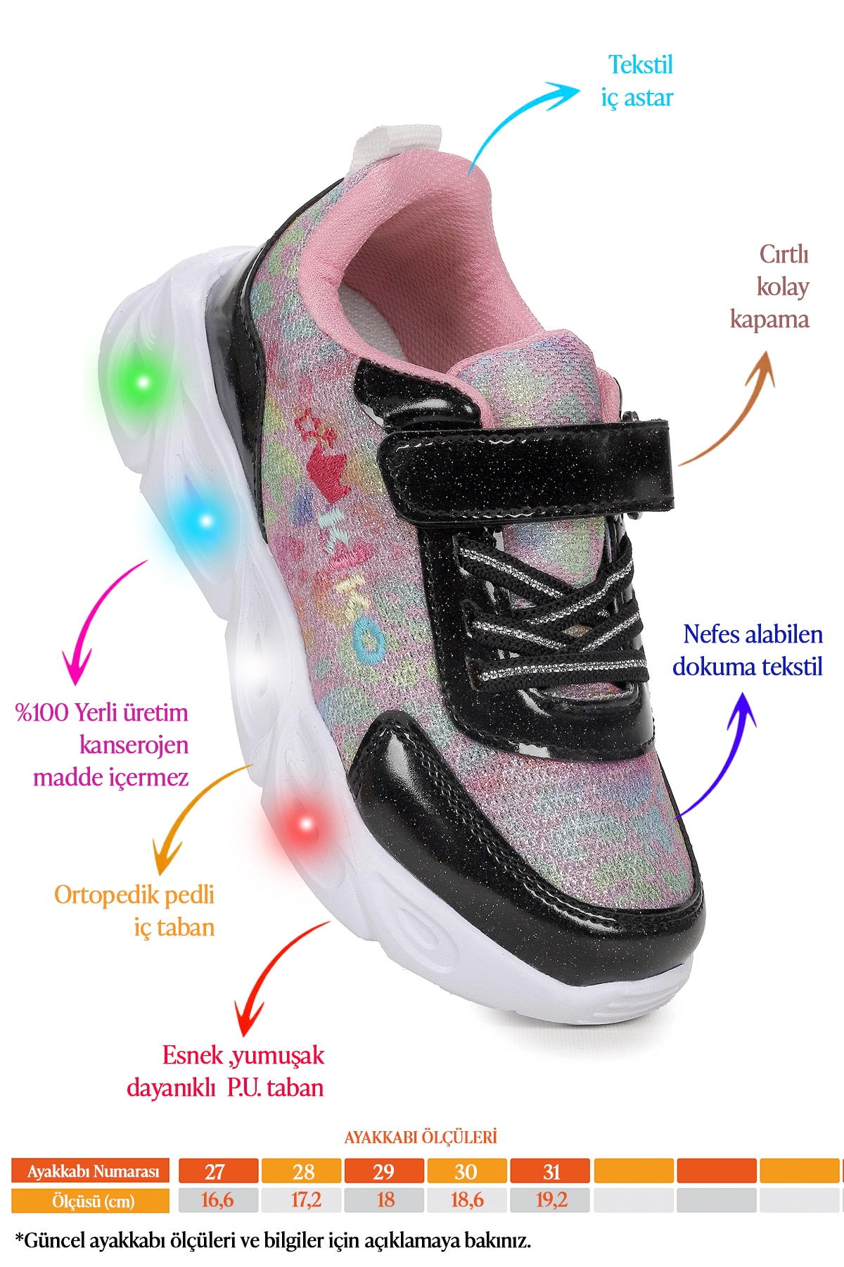 Teno Cırtlı Işıklı Kız Çocuk Spor Ayakkabı Siyah - Görsel 3