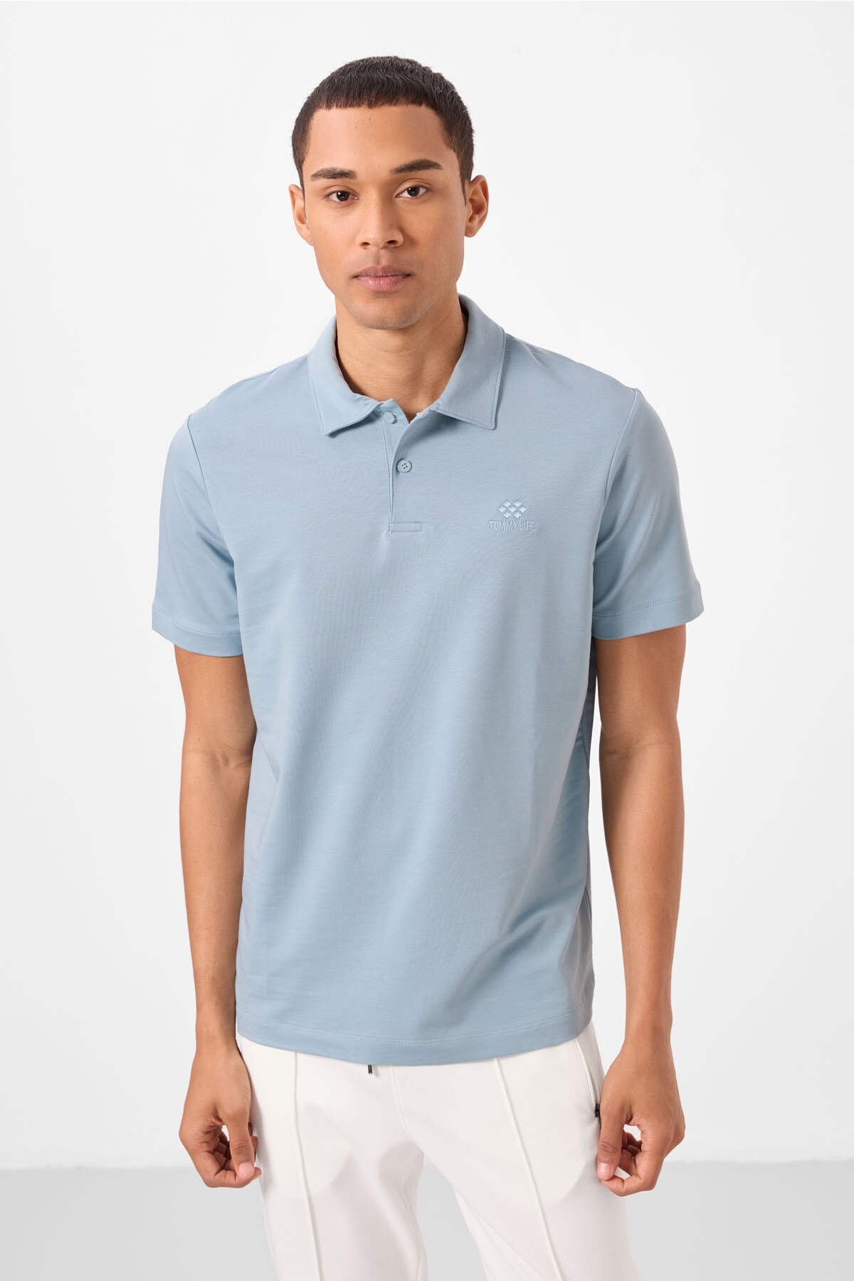 Buz Mavi Basic Logolu Standart Kalıp Triko Polo Yaka Erkek T-Shirt