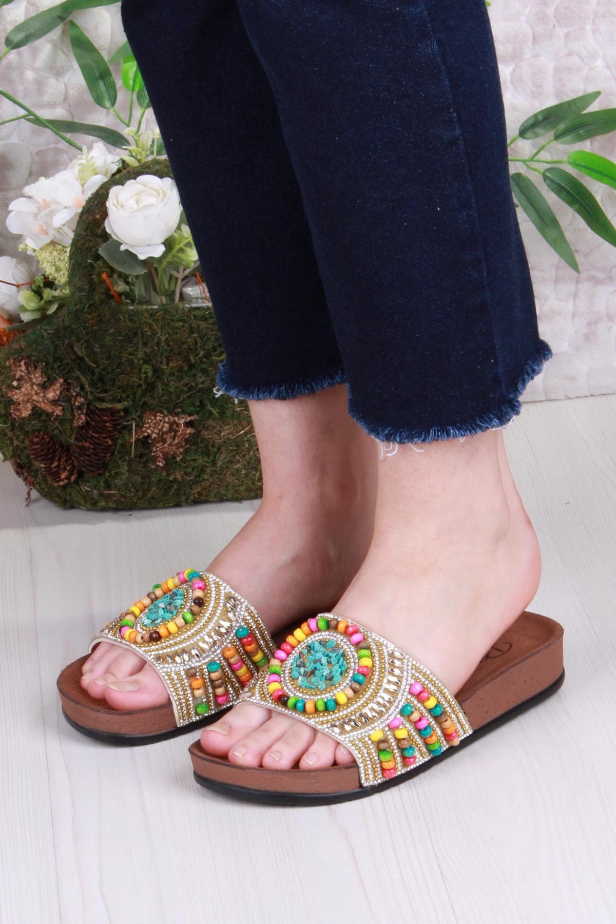 00303 Pienn Anatomik Esnek Rahat Taşlı Boncuklu Kadın Terlik - Görsel 3