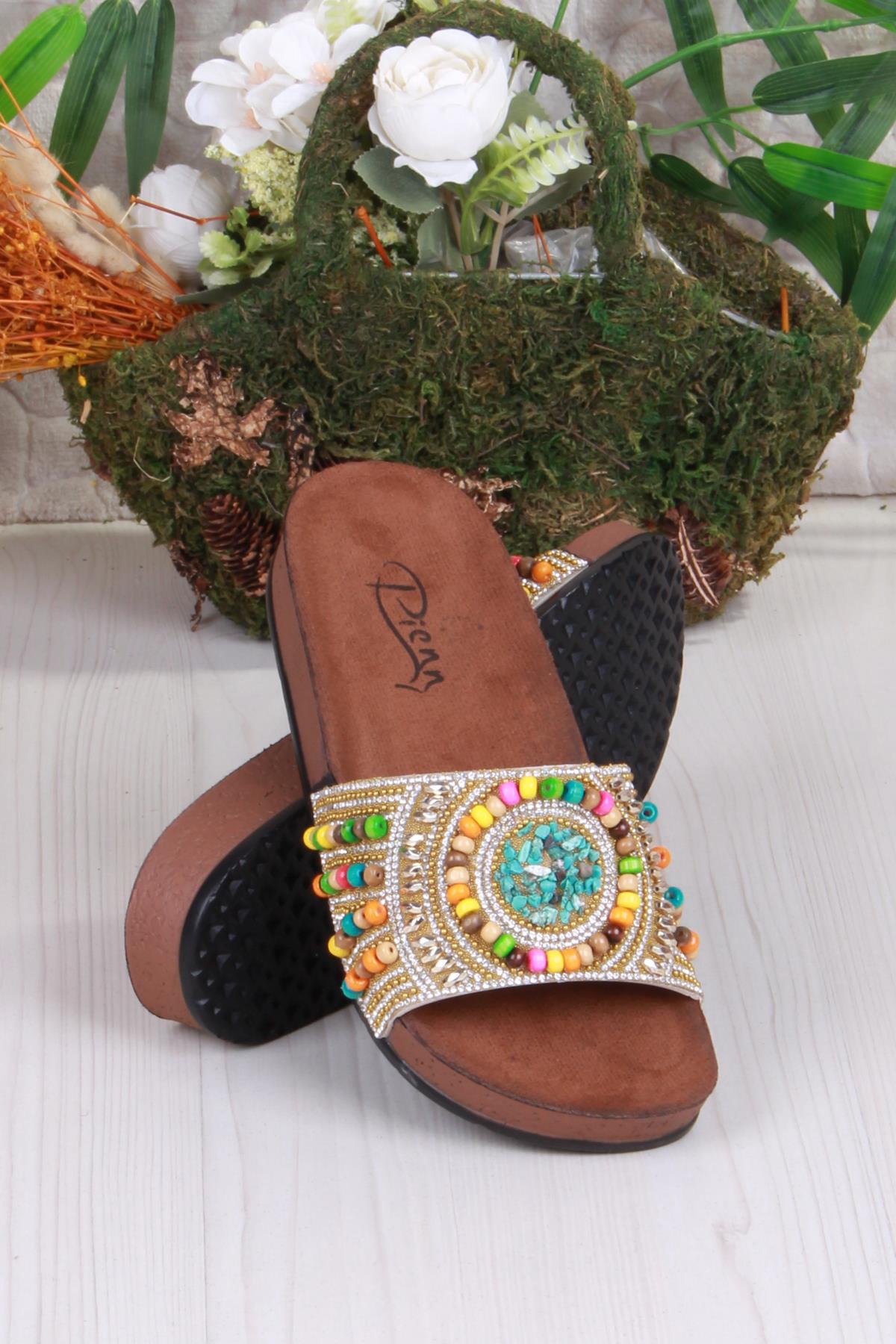 00303 Pienn Anatomik Esnek Rahat Taşlı Boncuklu Kadın Terlik - Görsel 5