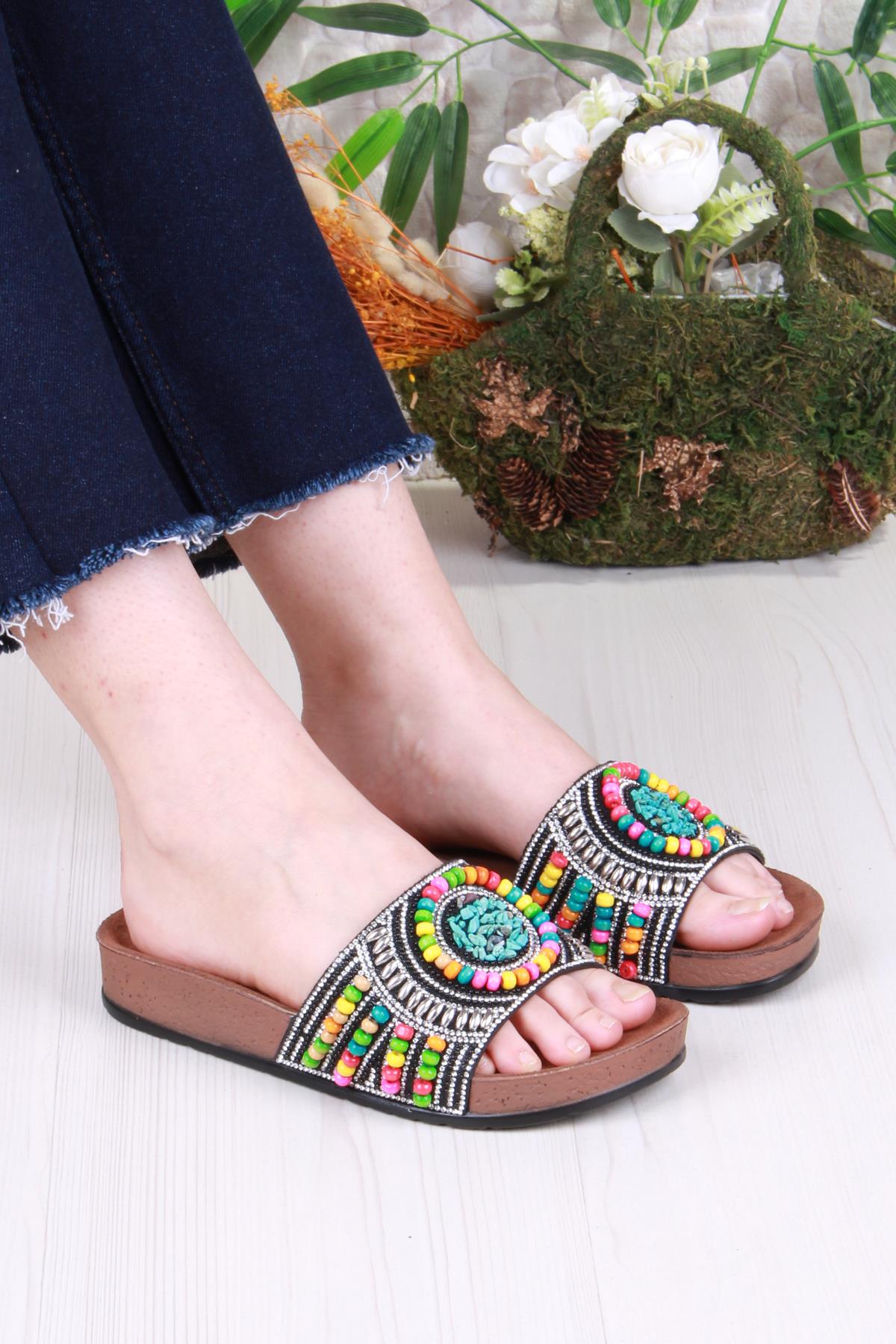 00303 Pienn Anatomik Esnek Rahat Taşlı Boncuklu Kadın Terlik - Görsel 2