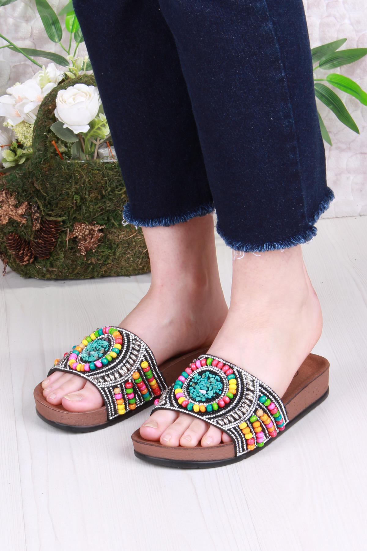 00303 Pienn Anatomik Esnek Rahat Taşlı Boncuklu Kadın Terlik - Görsel 3