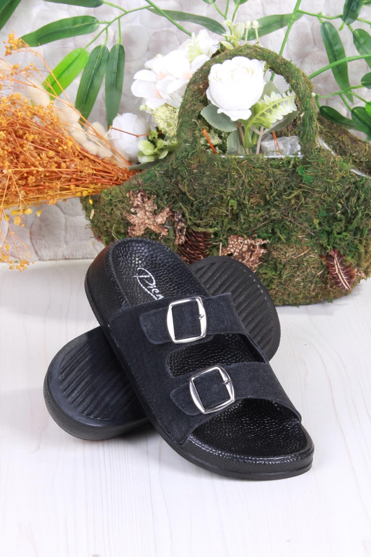 01108 Pienn Anatomik Esnek Rahat Simli Baskılı İki Tokalı Kadın Terlik - Görsel 5