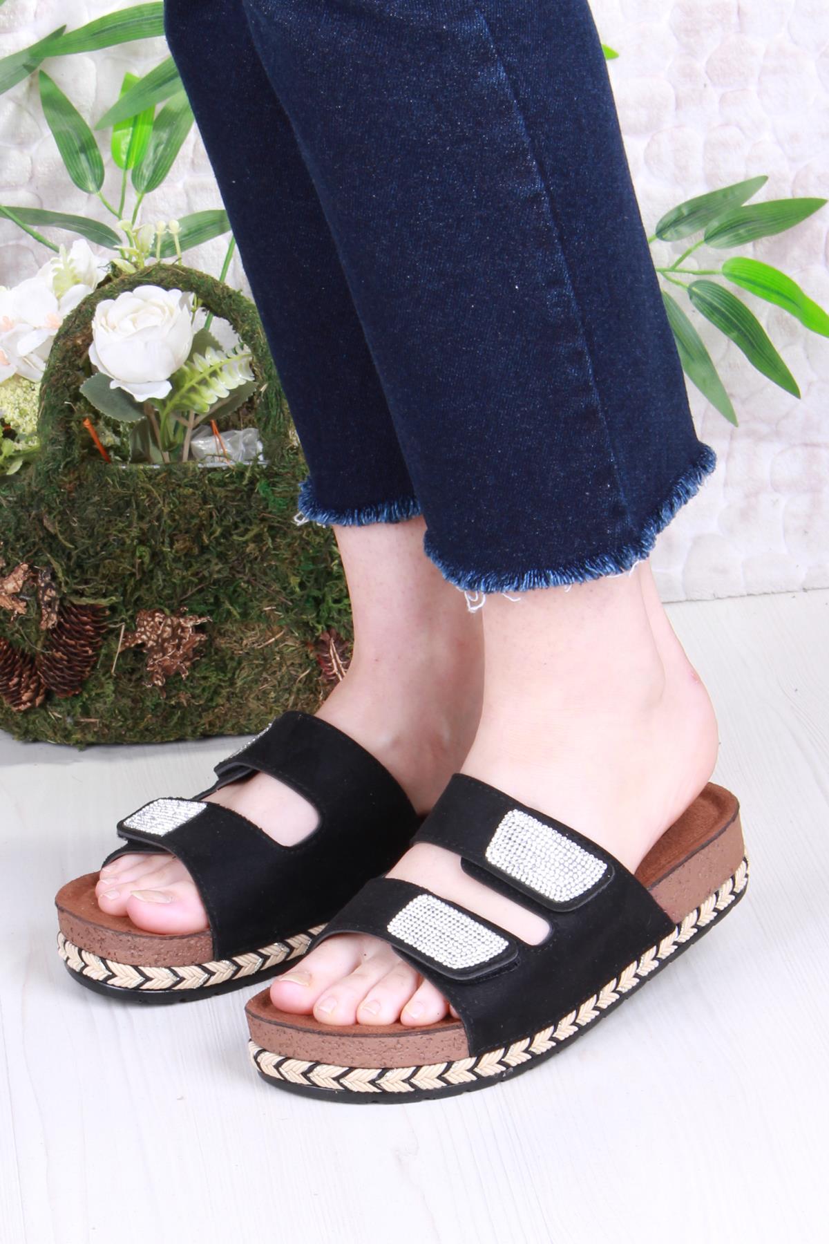 Pienn 20064 Anatomik Rahat Taşlı Çift Bantlı Cırtlı Kadın Terlik - Görsel 3