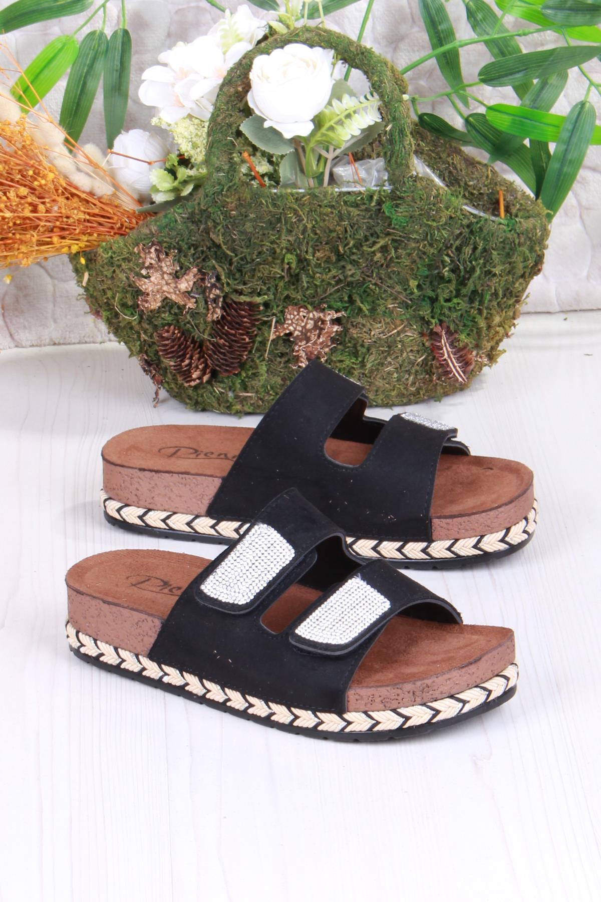 Pienn 20064 Anatomik Rahat Taşlı Çift Bantlı Cırtlı Kadın Terlik - Görsel 4