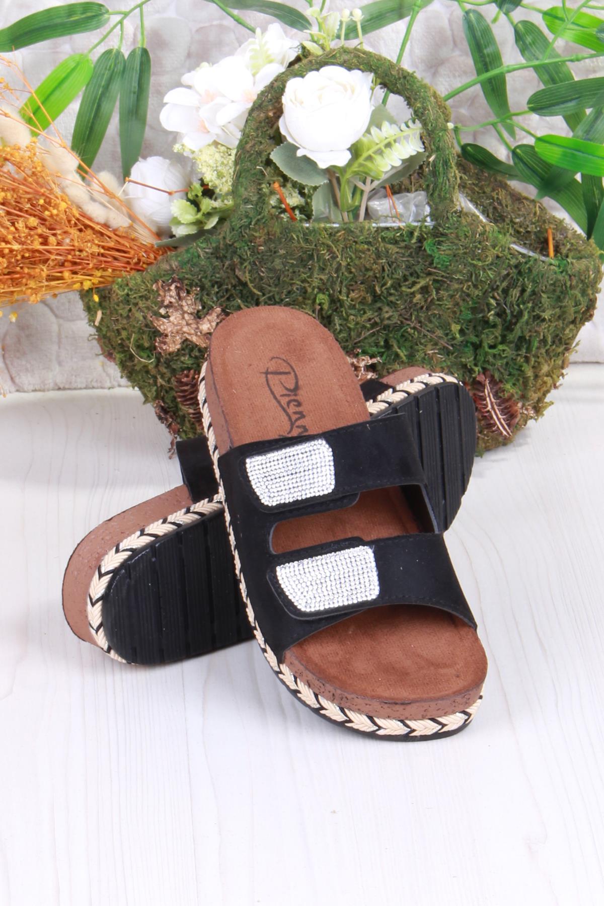 Pienn 20064 Anatomik Rahat Taşlı Çift Bantlı Cırtlı Kadın Terlik - Görsel 5