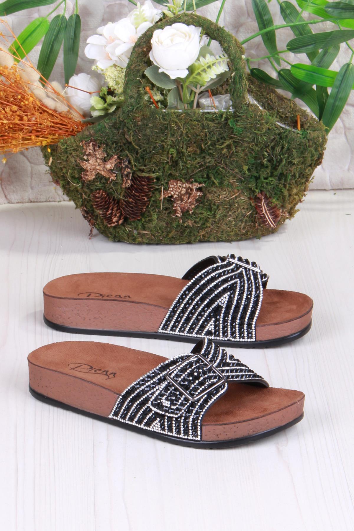 02003 Pienn Anatomik Esnek Rahat Taşlı Boncuklu Tek Tokalı Kadın Terlik - Görsel 4