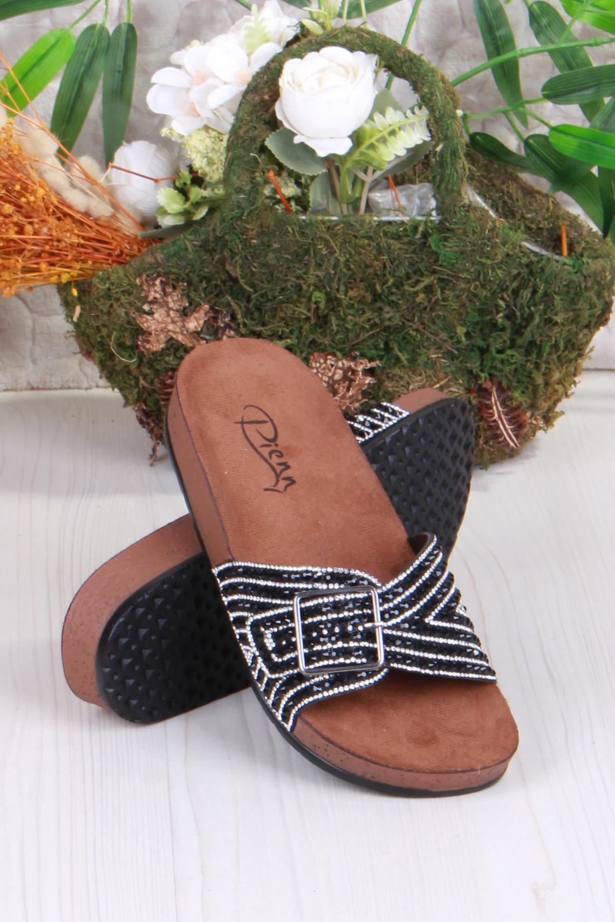 02003 Pienn Anatomik Esnek Rahat Taşlı Boncuklu Tek Tokalı Kadın Terlik - Görsel 5