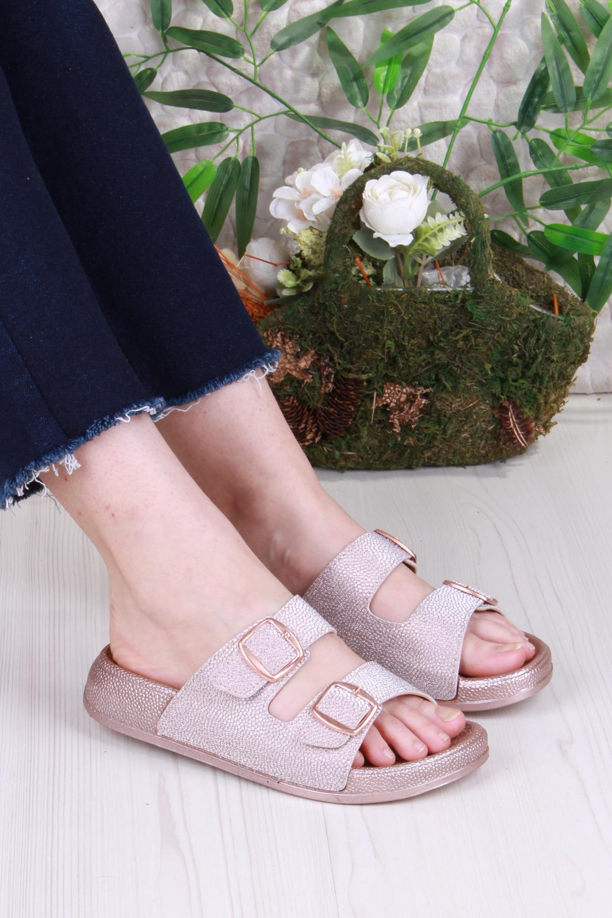 01108 Pienn Anatomik Esnek Rahat Simli Baskılı İki Tokalı Kadın Terlik - Görsel 2