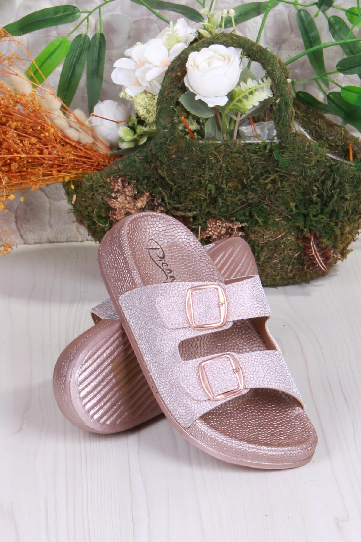 01108 Pienn Anatomik Esnek Rahat Simli Baskılı İki Tokalı Kadın Terlik - Görsel 5