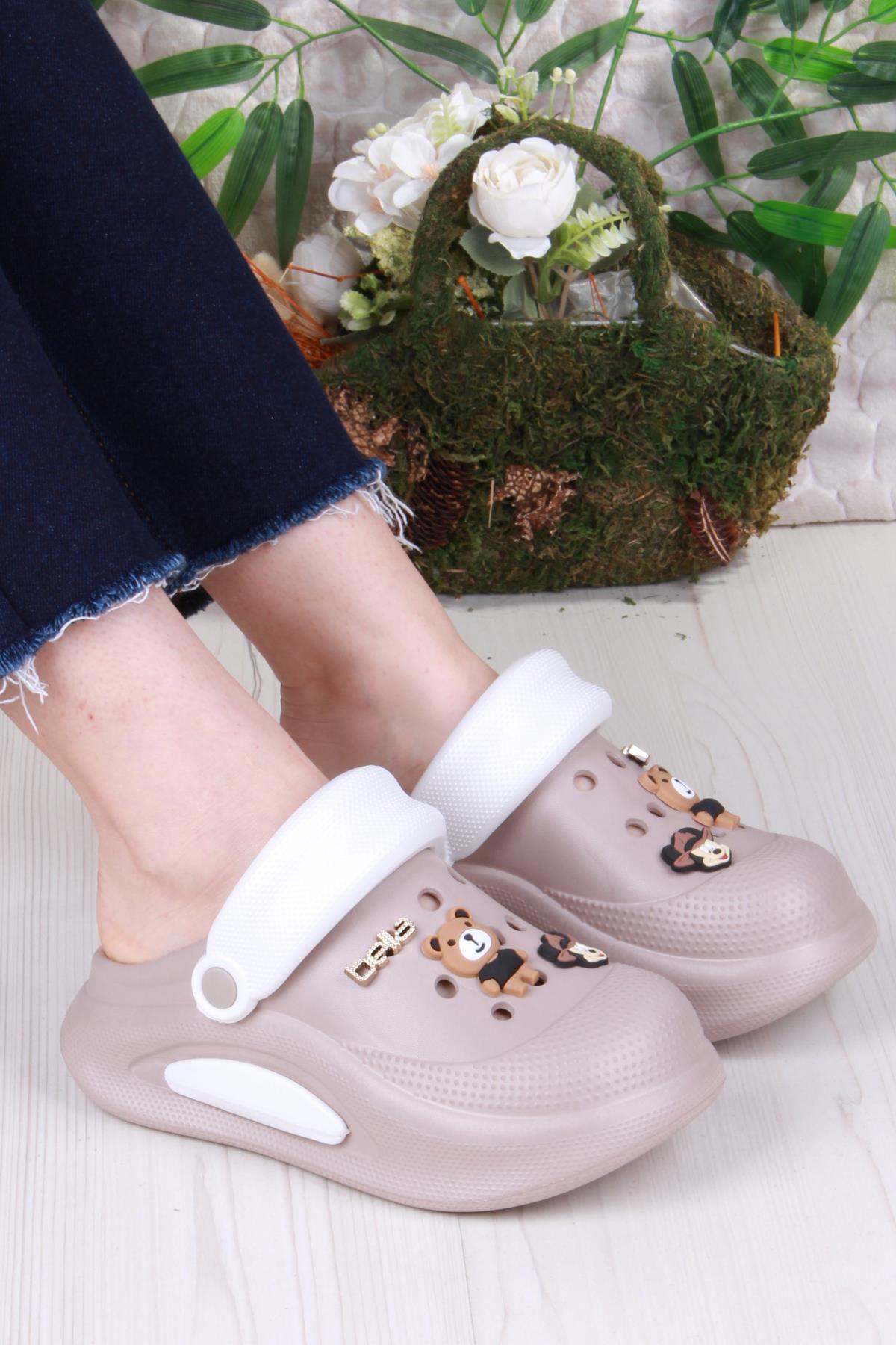 E468 Bella Camel Beyaz Eva Malzeme Sabo Doktor Medikal Aşçı Günlük Burnu Kapalı Terlik - Görsel 2