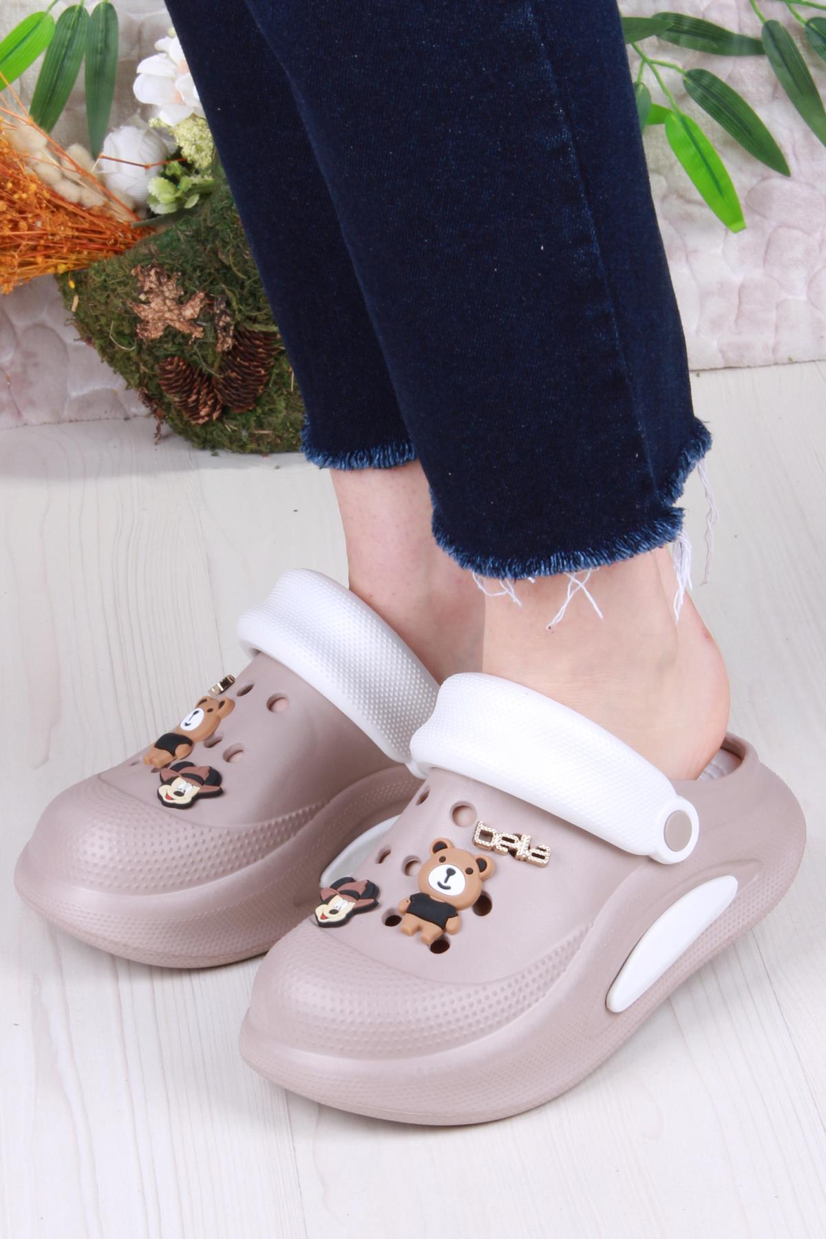 E468 Bella Camel Beyaz Eva Malzeme Sabo Doktor Medikal Aşçı Günlük Burnu Kapalı Terlik - Görsel 3