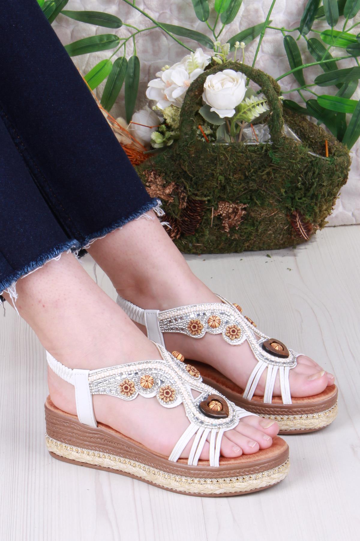 Gizem Anatomik Rahat Taban Taşlı Boncuklu Lastikli Kadın Sandalet - Görsel 2