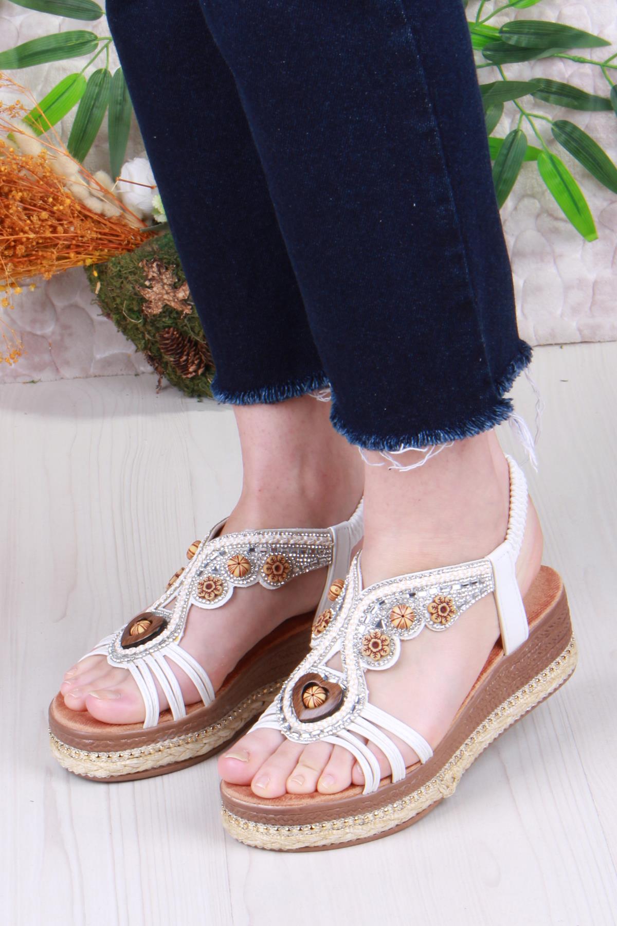 Gizem Anatomik Rahat Taban Taşlı Boncuklu Lastikli Kadın Sandalet - Görsel 3