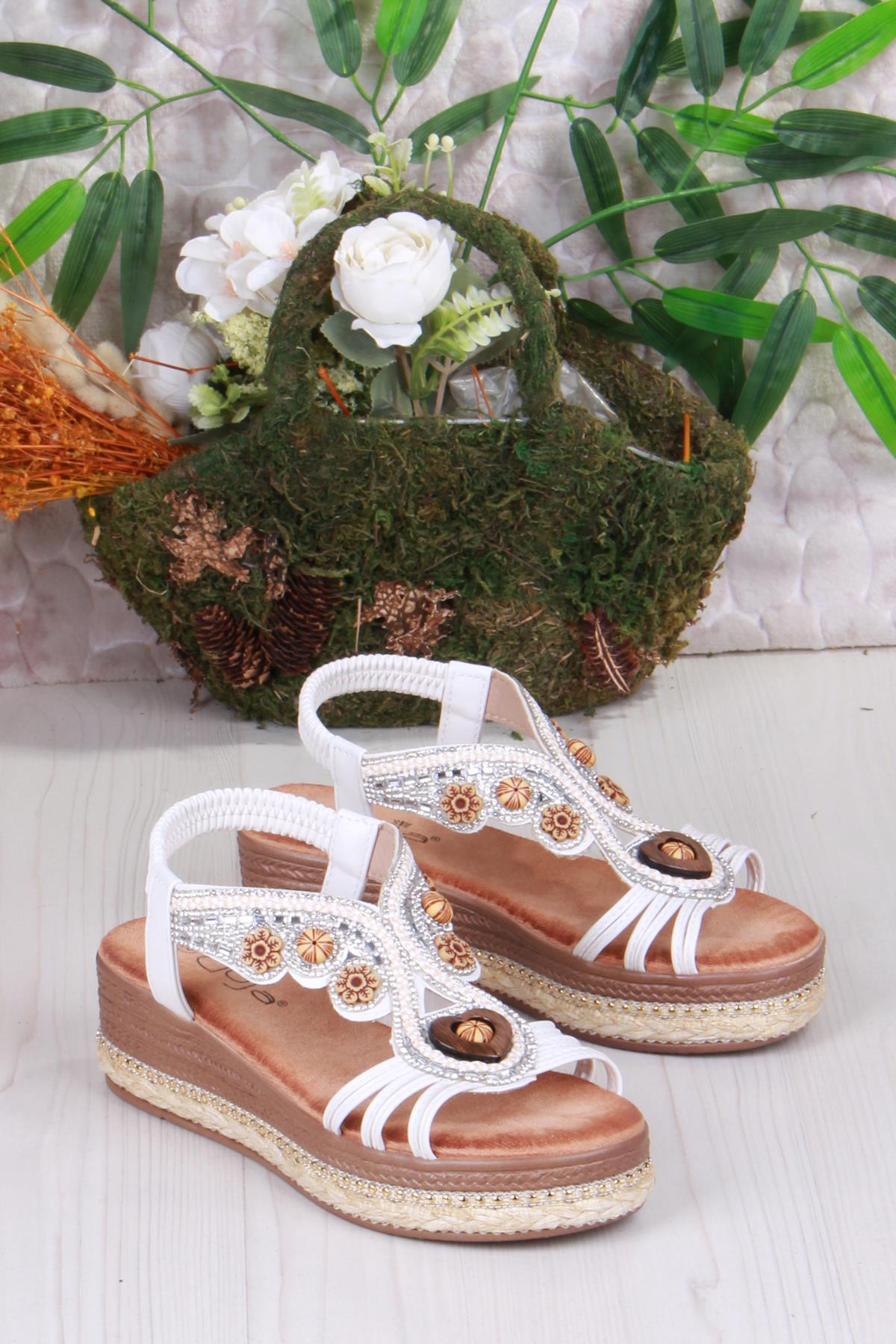 Gizem Anatomik Rahat Taban Taşlı Boncuklu Lastikli Kadın Sandalet - Görsel 4