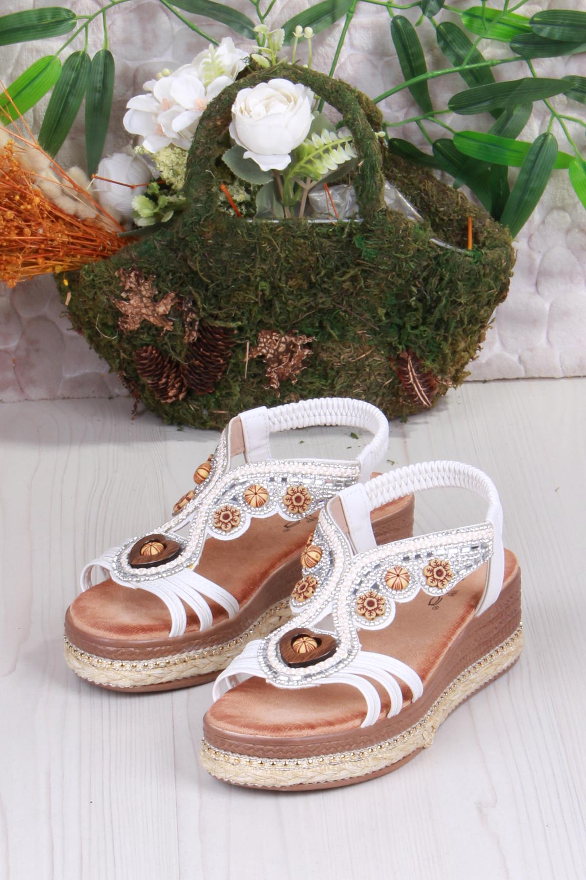 Gizem Anatomik Rahat Taban Taşlı Boncuklu Lastikli Kadın Sandalet - Görsel 5