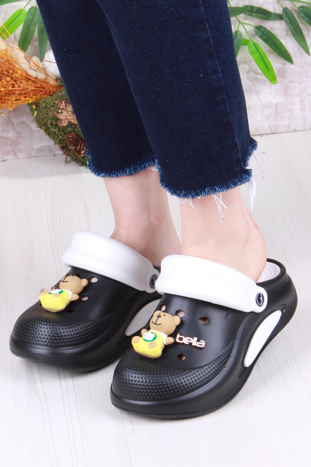E468 Bella Siyah Beyaz Eva Malzeme Sabo Doktor Medikal Aşçı Günlük Burnu Kapalı Terlik - Görsel 3